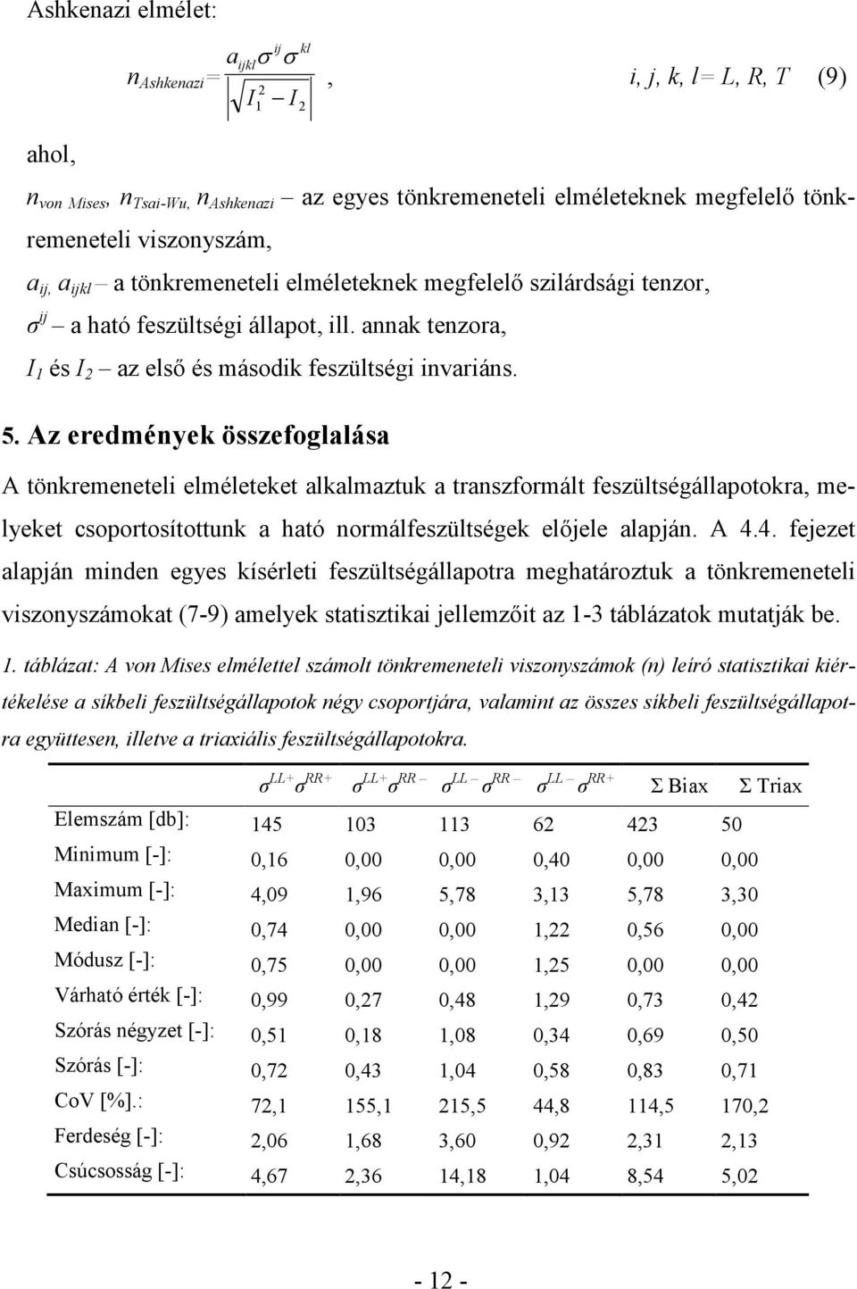 Az eredmények összefoglalása A tönkremeneteli elméleteket alkalmaztuk a transzformált feszültségállapotokra, melyeket csoportosítottunk a ható normálfeszültségek elıjele alapján. A 4.