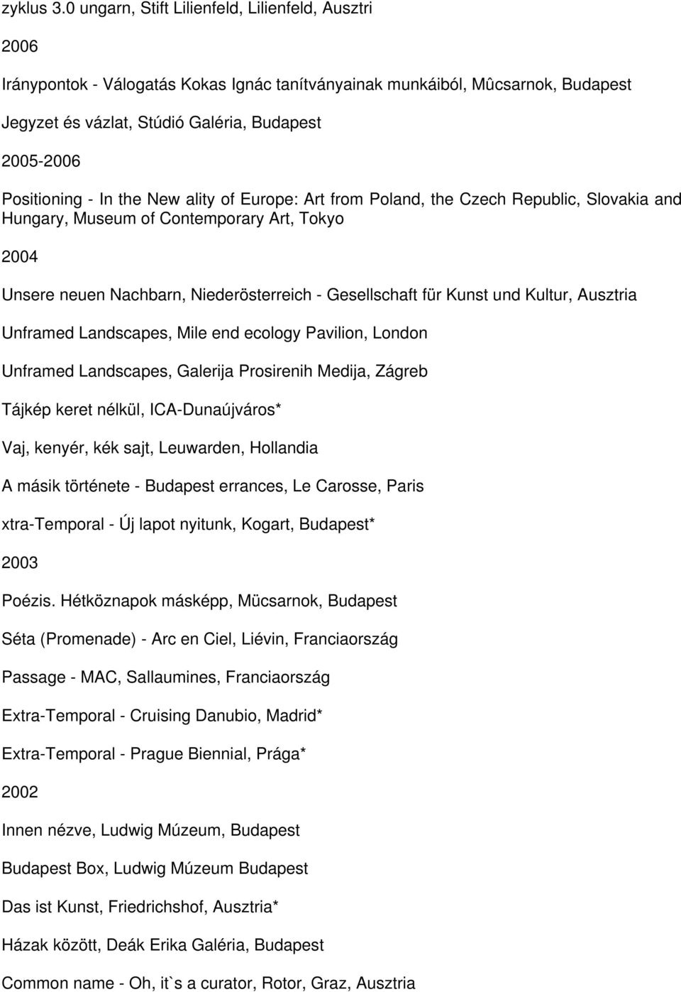 Positioning - In the New ality of Europe: Art from Poland, the Czech Republic, Slovakia and Hungary, Museum of Contemporary Art, Tokyo 2004 Unsere neuen Nachbarn, Niederösterreich - Gesellschaft für