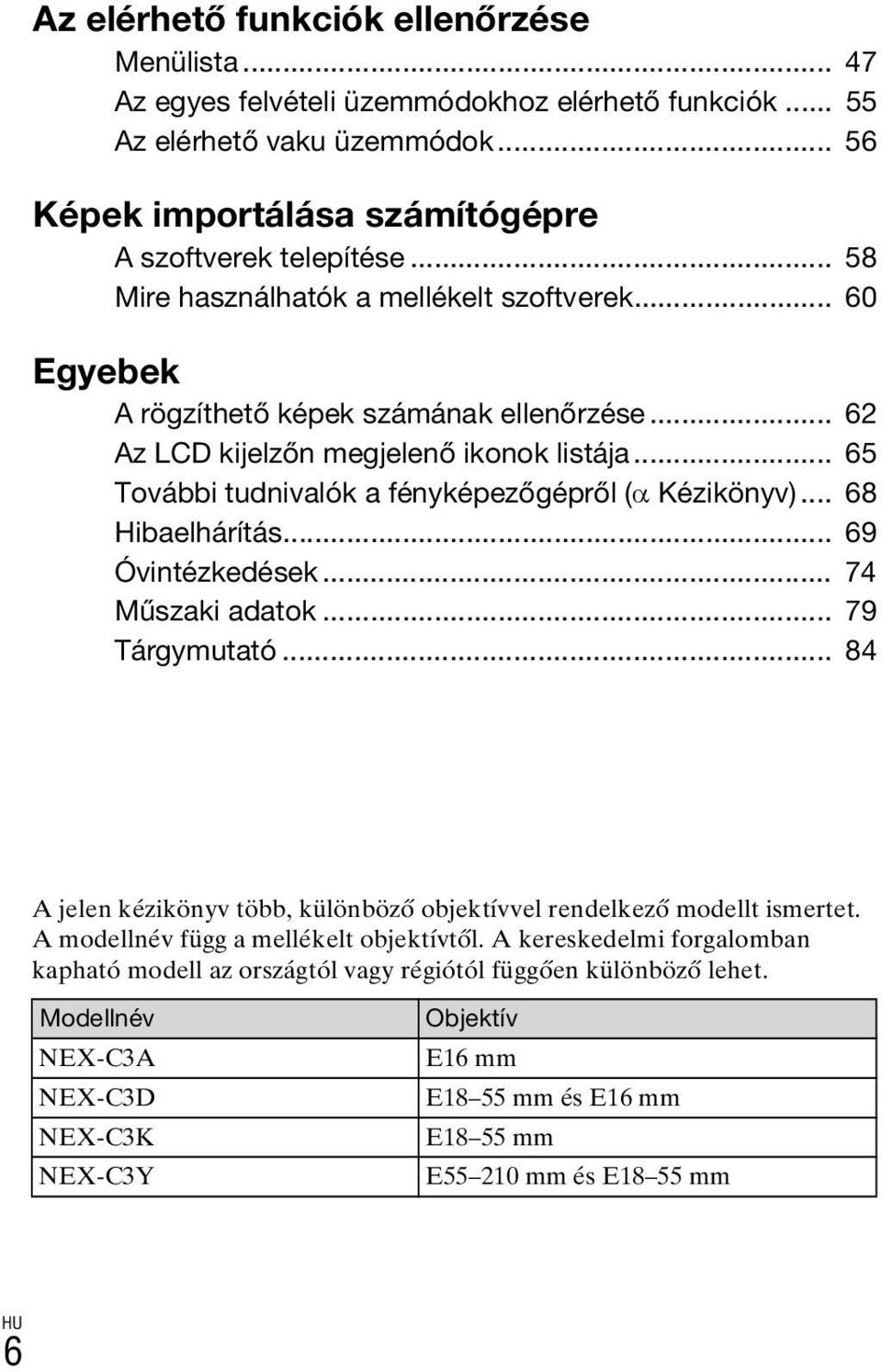 .. 65 További tudnivalók a fényképezőgépről (α Kézikönyv)... 68 Hibaelhárítás... 69 Óvintézkedések... 74 Műszaki adatok... 79 Tárgymutató.