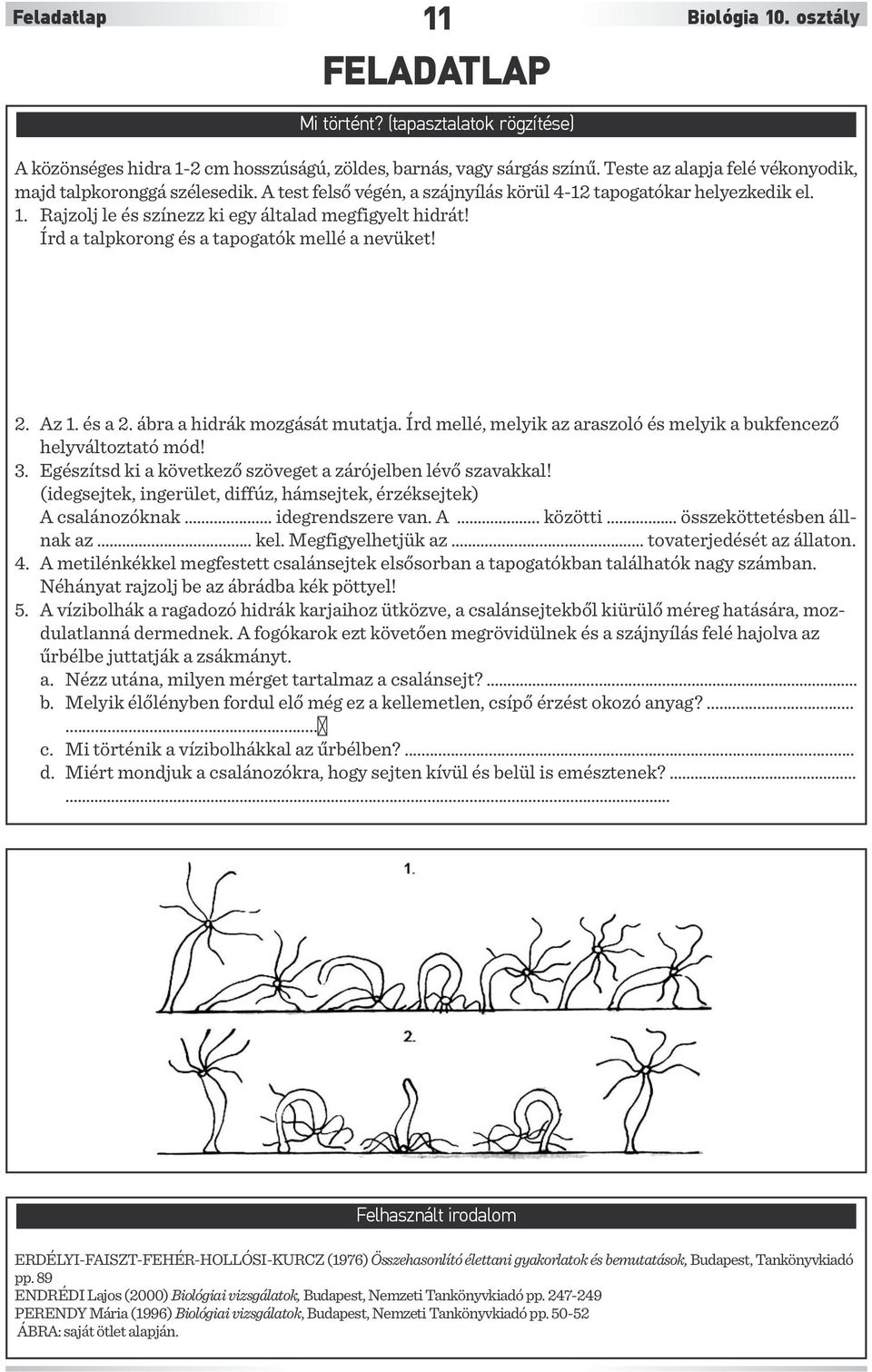 Írd a talpkorong és a tapogatók mellé a nevüket! 2. Az 1. és a 2. ábra a hidrák mozgását mutatja. Írd mellé, melyik az araszoló és melyik a bukfencező helyváltoztató mód! 3.