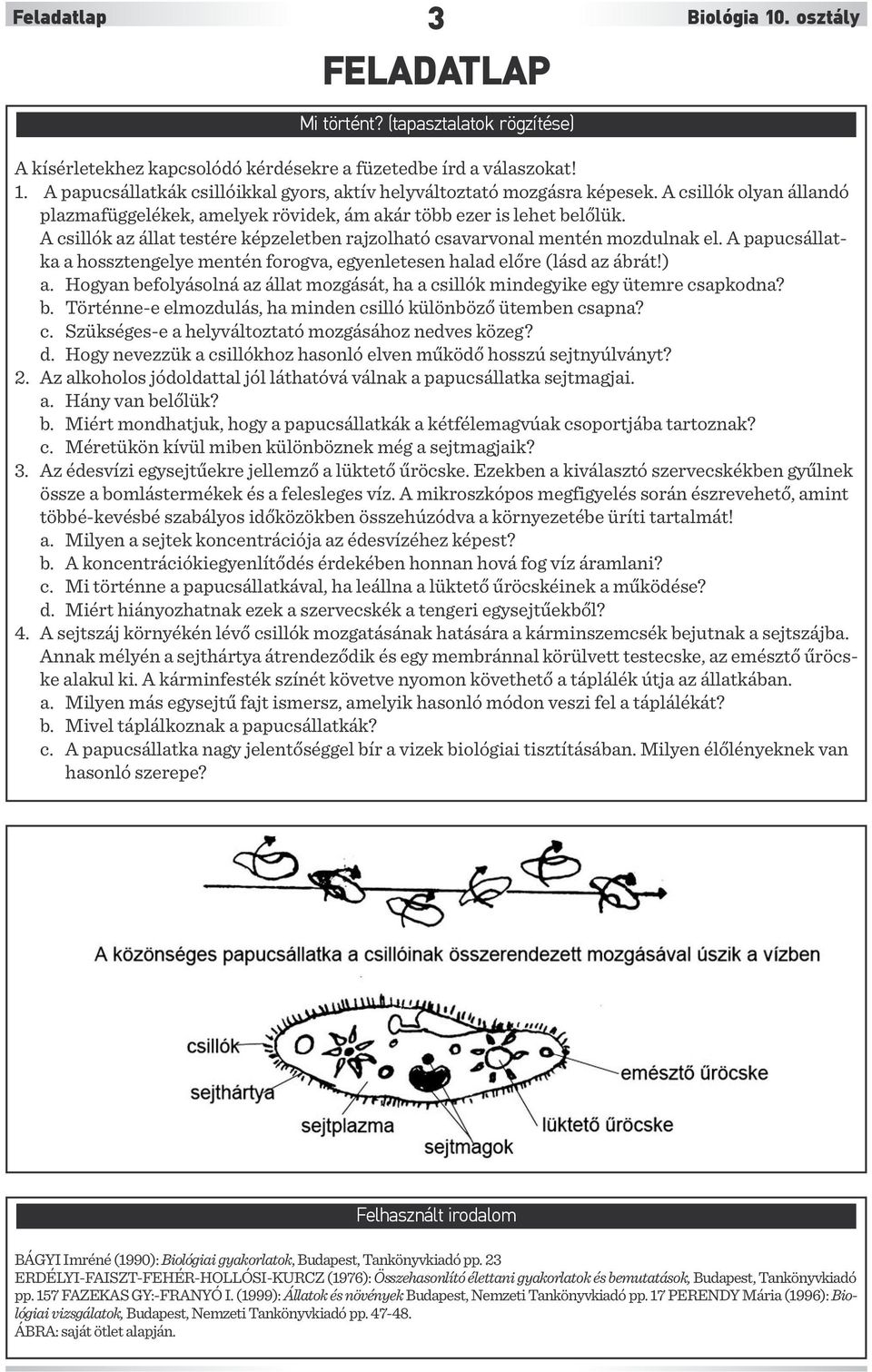 A papucsállatka a hossztengelye mentén forogva, egyenletesen halad előre (lásd az ábrát!) a. Hogyan befolyásolná az állat mozgását, ha a csillók mindegyike egy ütemre csapkodna? b. Történne-e elmozdulás, ha minden csilló különböző ütemben csapna?