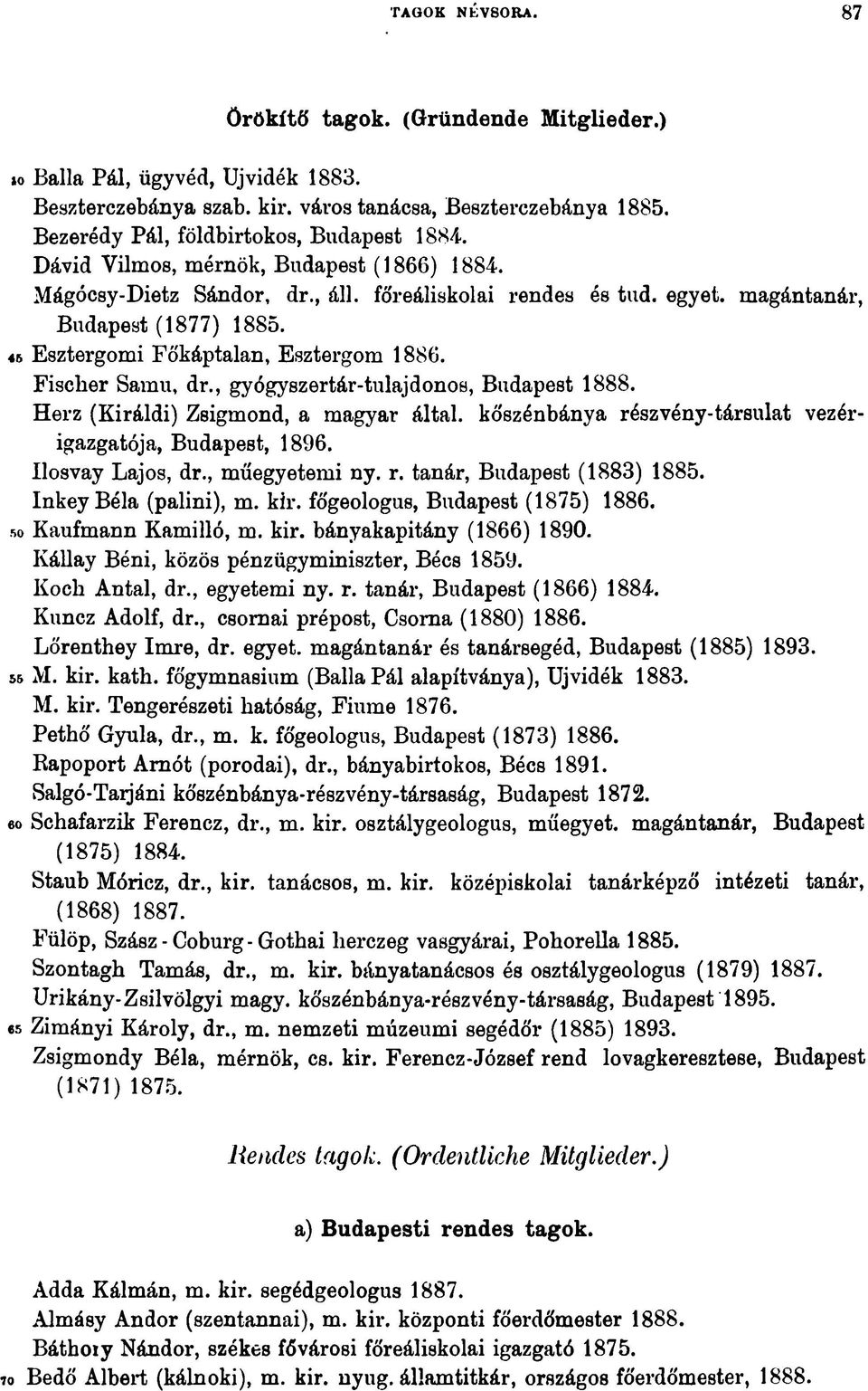 Fischer Samu, dr., gyógyszertár-tulajdonos, Budapest 1888. Herz (Királdi) Zsigmond, a magyar által, kőszénbánya részvény-társulat vezérigazgatója, Budapest, 1896. Ilosvay Lajos, dr., műegyetemi ny. r. tanár, Budapest (1883) 1885.