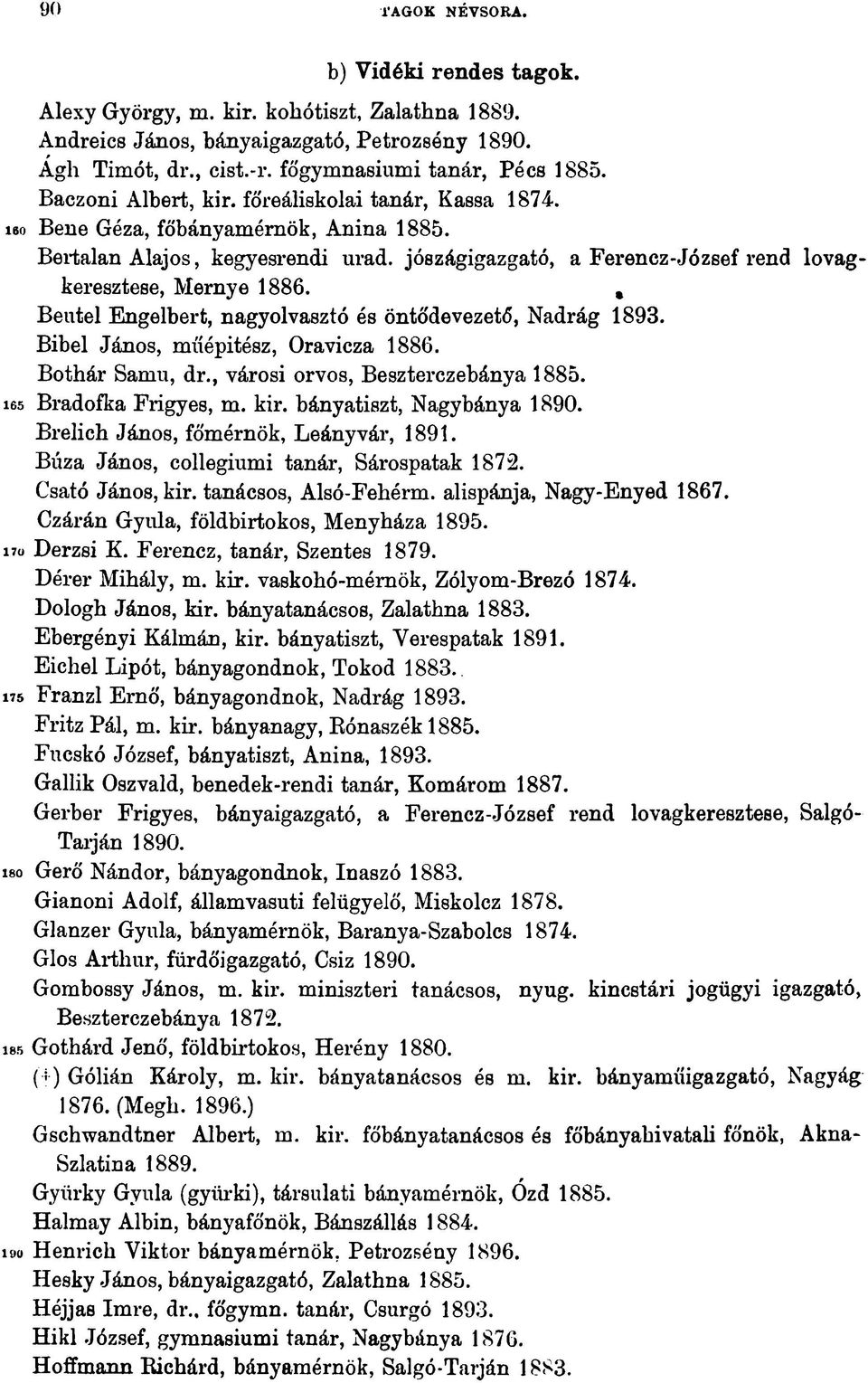 , Beutel Engelbert, nagyolvasztó és öntődevezető, Nadrág 1893. Bibel János, műépitész, Oravicza 1886. Bothár Samu, dr., városi orvos, Beszterczebánya 1885. les Bradofka Frigyes, m. kir.