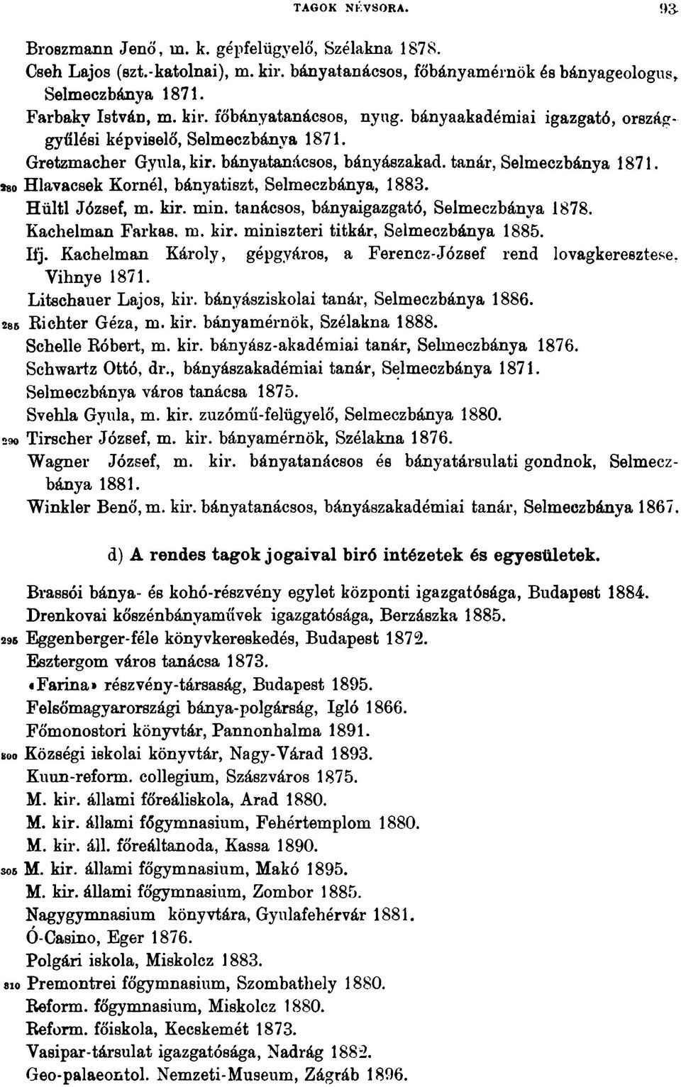 Hültl József, m. kir. min. tanácsos, bányaigazgató, Selmeczbánya 1878. Kachelman Farkas, m. kir. miniszteri titkár, Selmeczbánya 1885. Itj.