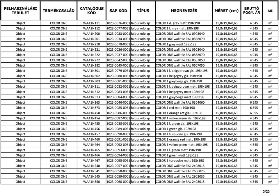 COLOR ONE wall tile RAL 0858070 19,8x19,8x0,65 4 945 m 2 COLOR ONE WAA1N210 1023-0078-0061 falburkolólap COLOR 1 grey matt 198x198 19,8x19,8x0,65 4 545 m 2 COLOR ONE WAA1N221 1023-0036-0001