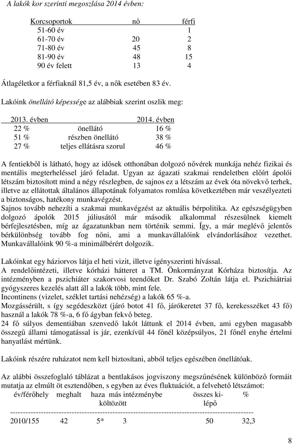 évben 22 % önellátó 16 % 51 % részben önellátó 38 % 27 % teljes ellátásra szorul 46 % A fentiekbıl is látható, hogy az idısek otthonában dolgozó nıvérek munkája nehéz fizikai és mentális