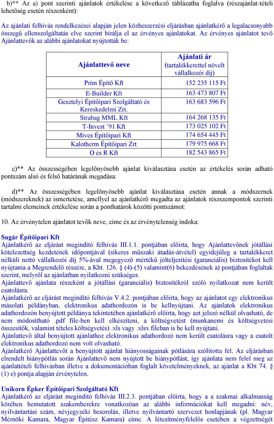 Az érvényes ajánlatot tevő Ajánlattevők az alábbi ajánlatokat nyújtották be: Prím Építő Kft E-Builder Kft Gesztelyi Építőipari Szolgáltató és Kereskedelmi Zrt.