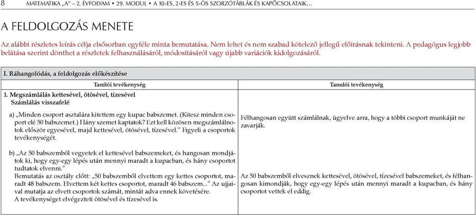 Megszámlálás kettesével, ötösével, tízesével Számlálás visszafelé a) Minden csoport asztalára kitettem egy kupac babszemet. (Kitesz minden csoport elé 50 babszemet.) Hány szemet kaptatok?