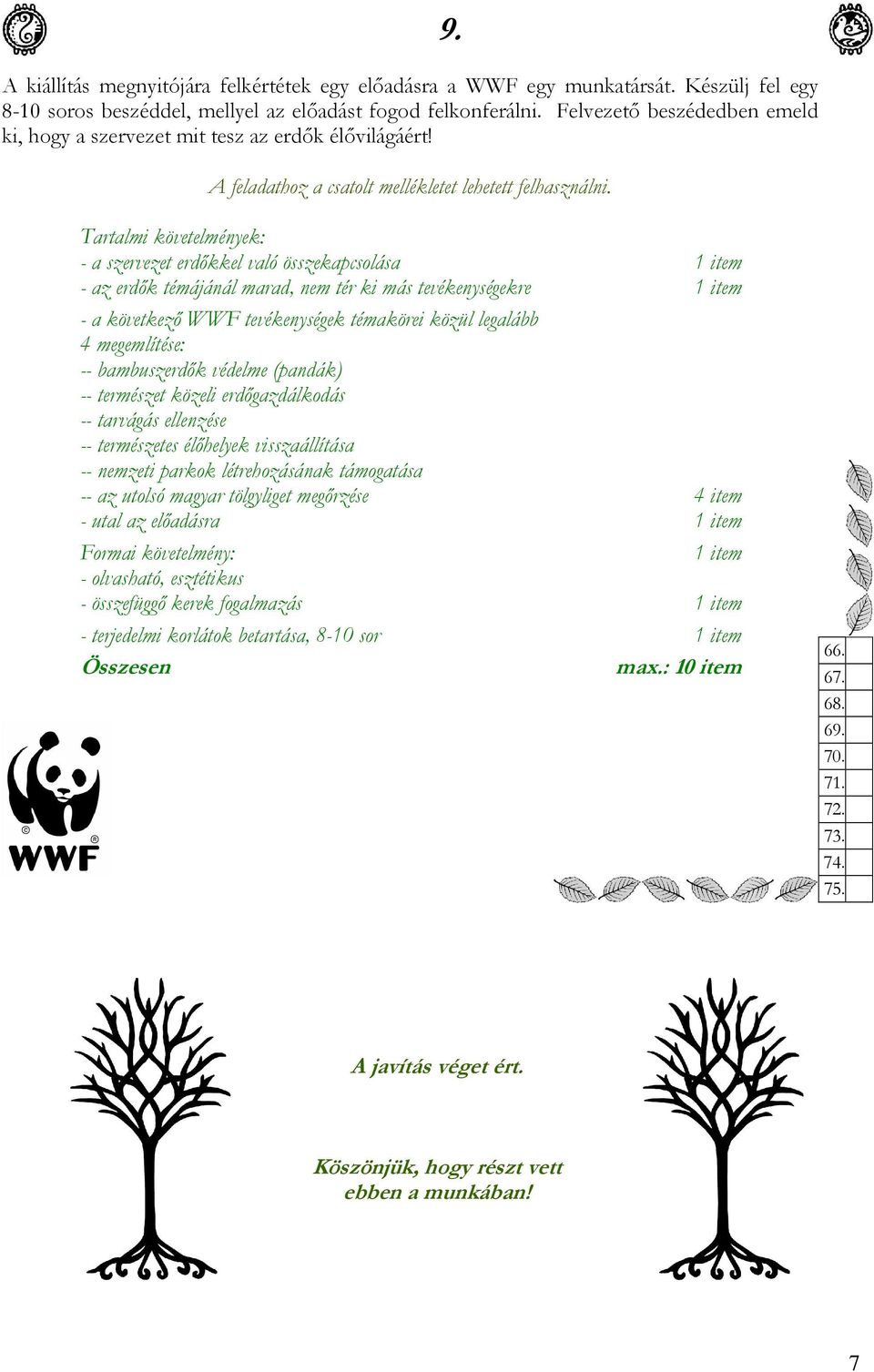 Tartalmi követelmények: - a szervezet erdőkkel való összekapcsolása 1 item - az erdők témájánál marad, nem tér ki más tevékenységekre 1 item - a következő WWF tevékenységek témakörei közül legalább 4