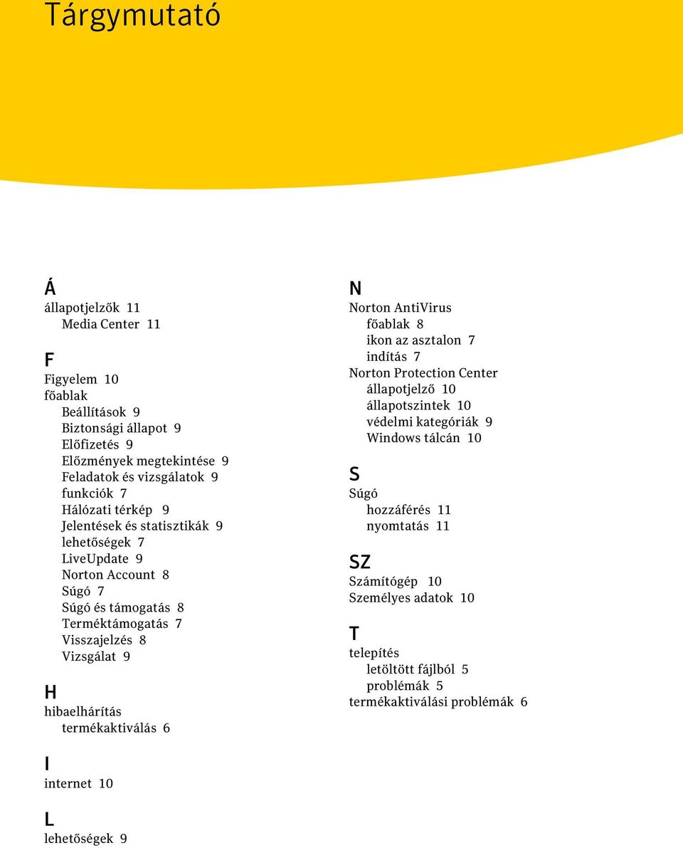 hibaelhárítás termékaktiválás 6 N Norton AntiVirus főablak 8 ikon az asztalon 7 indítás 7 Norton Protection Center állapotjelző 10 állapotszintek 10 védelmi kategóriák 9