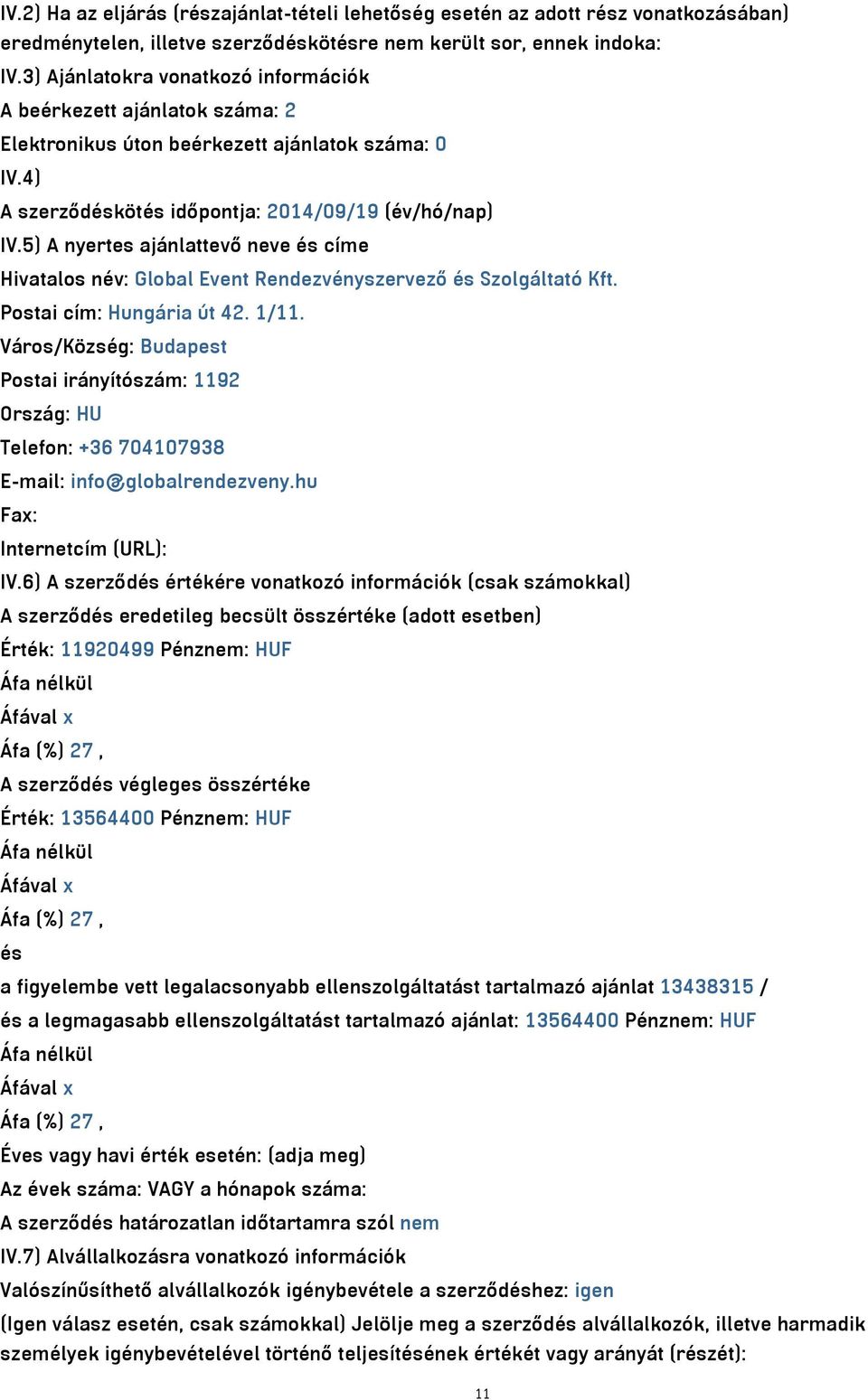 5) A nyertes ajánlattevő neve és címe Hivatalos név: Global Event Rendezvényszervező és Szolgáltató Kft. Postai cím: Hungária út 42. 1/11.
