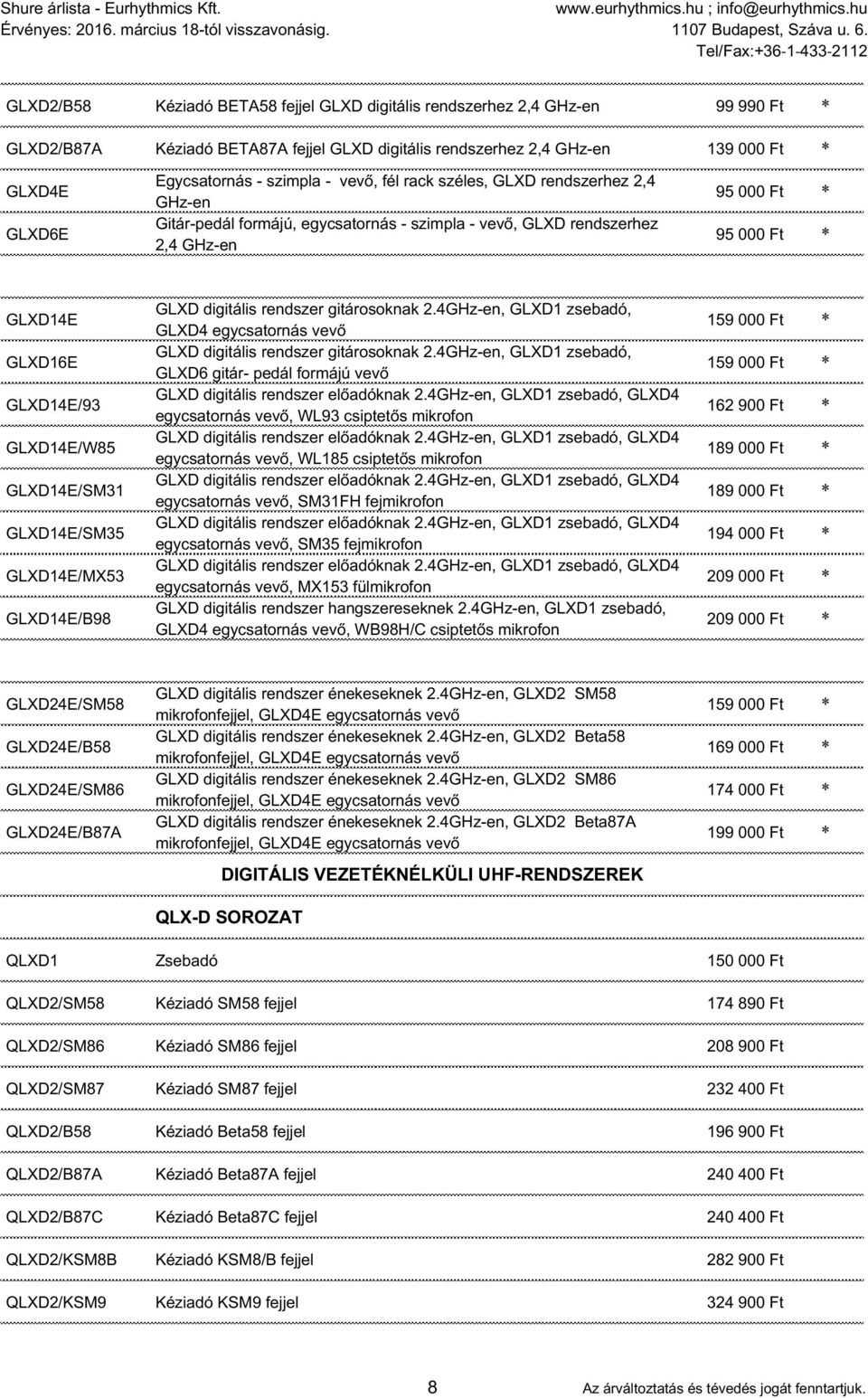 GLXD14E/W85 GLXD14E/SM31 GLXD14E/SM35 GLXD14E/MX53 GLXD14E/B98 GLXD digitális rendszer gitárosoknak 2.4GHz-en, GLXD1 zsebadó, GLXD4 egycsatornás vevő GLXD digitális rendszer gitárosoknak 2.