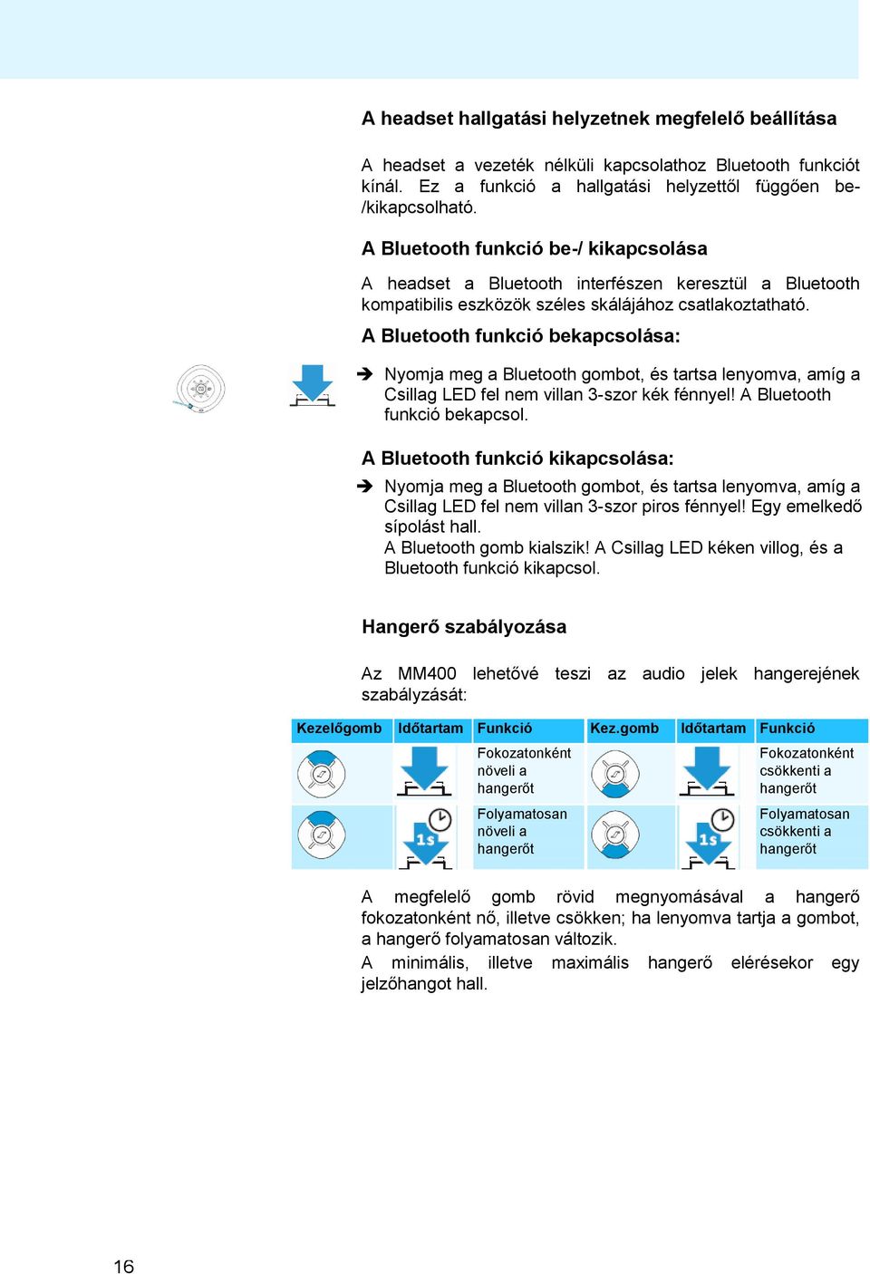 A Bluetooth funkció bekapcsolása: Nyomja meg a Bluetooth gombot, és tartsa lenyomva, amíg a Csillag LED fel nem villan 3-szor kék fénnyel! A Bluetooth funkció bekapcsol.