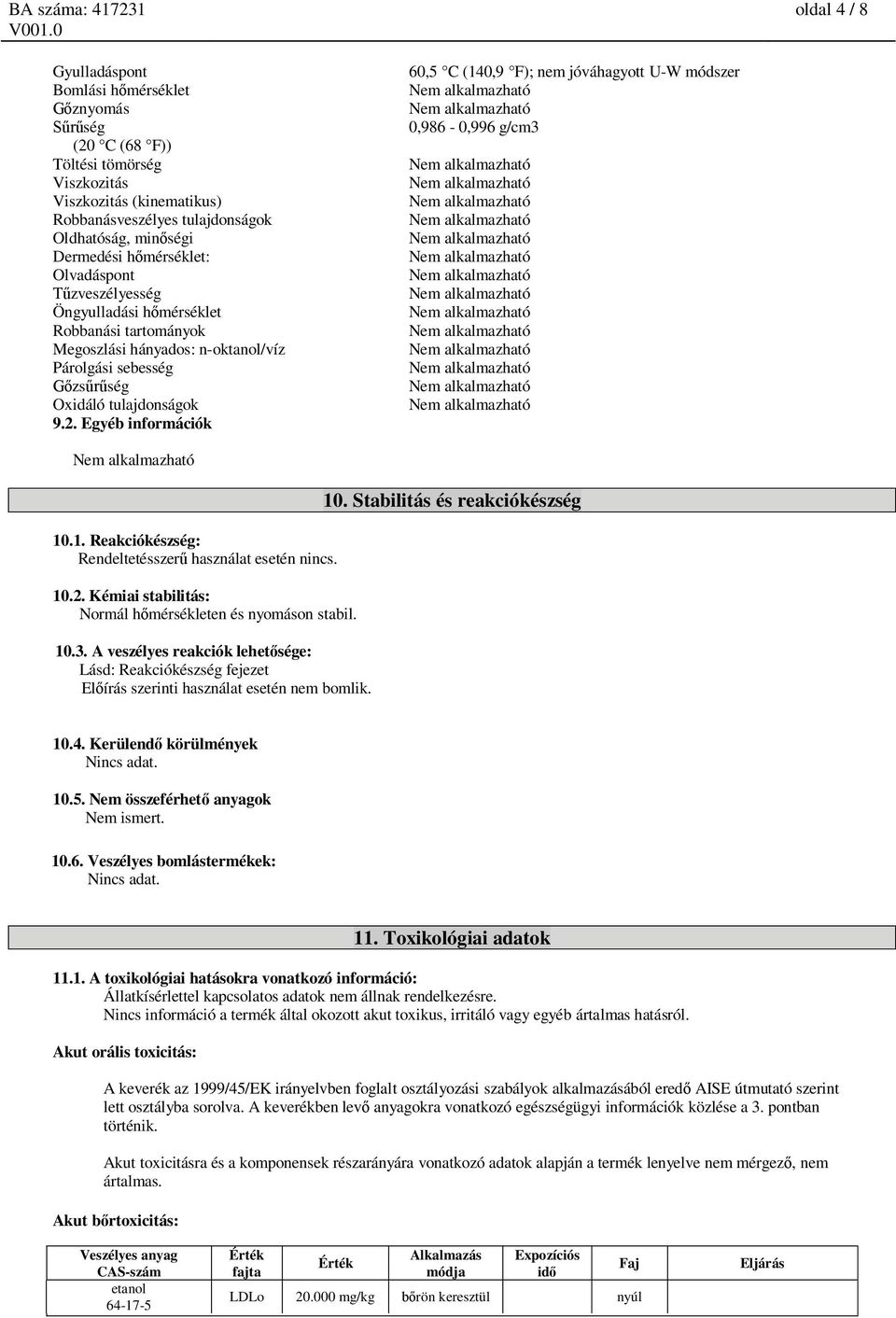 alkalmazható Olvadáspont Nem alkalmazható zveszélyesség Nem alkalmazható Öngyulladási h mérséklet Nem alkalmazható Robbanási tartományok Nem alkalmazható Megoszlási hányados: n-oktanol/víz Nem