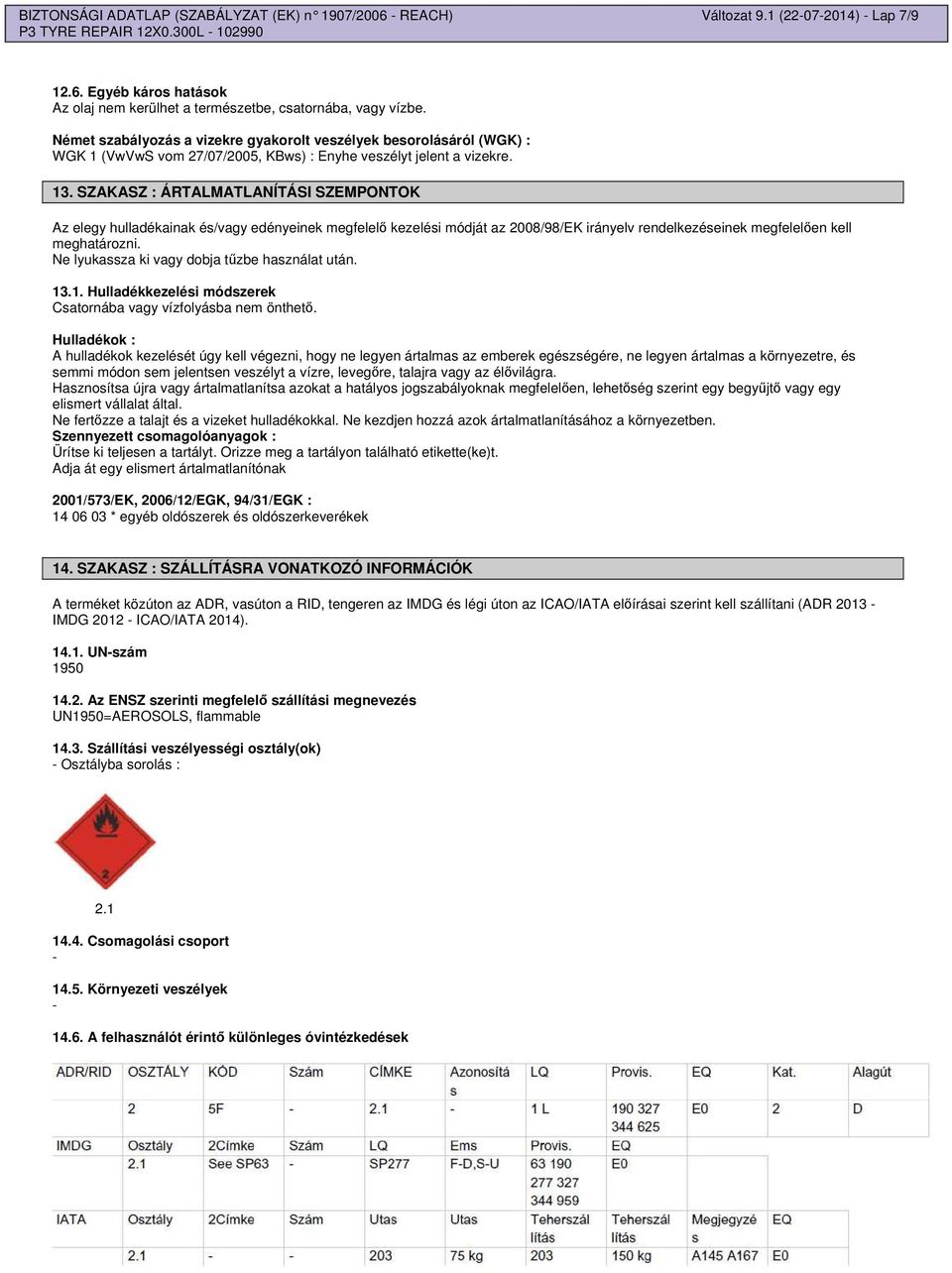 SZAKASZ : ÁRTALMATLANÍTÁSI SZEMPONTOK Az elegy hulladékainak és/vagy edényeinek megfelel kezelési módját az 2008/98/EK irányelv rendelkezéseinek megfelelen kell meghatározni.