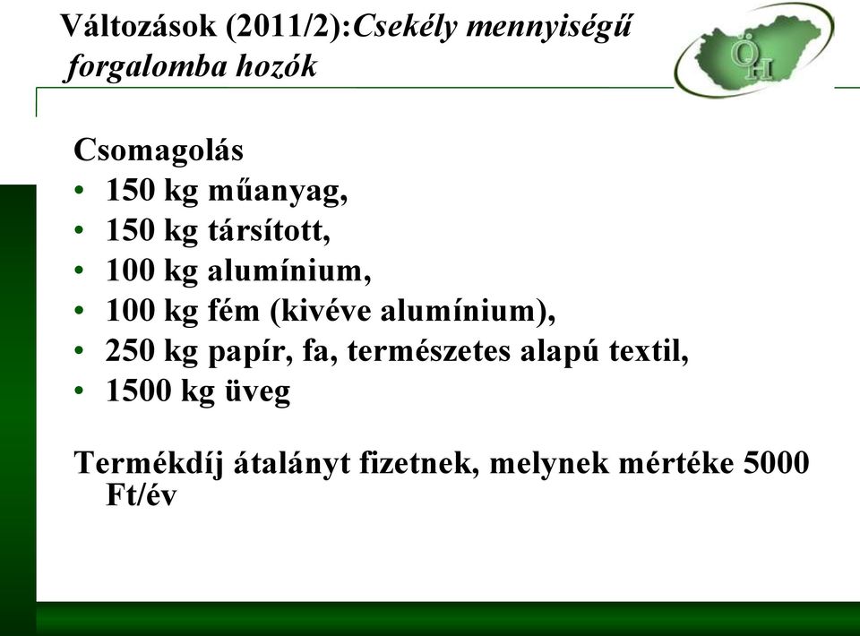 100 kg fém (kivéve alumínium), 250 kg papír, fa, természetes