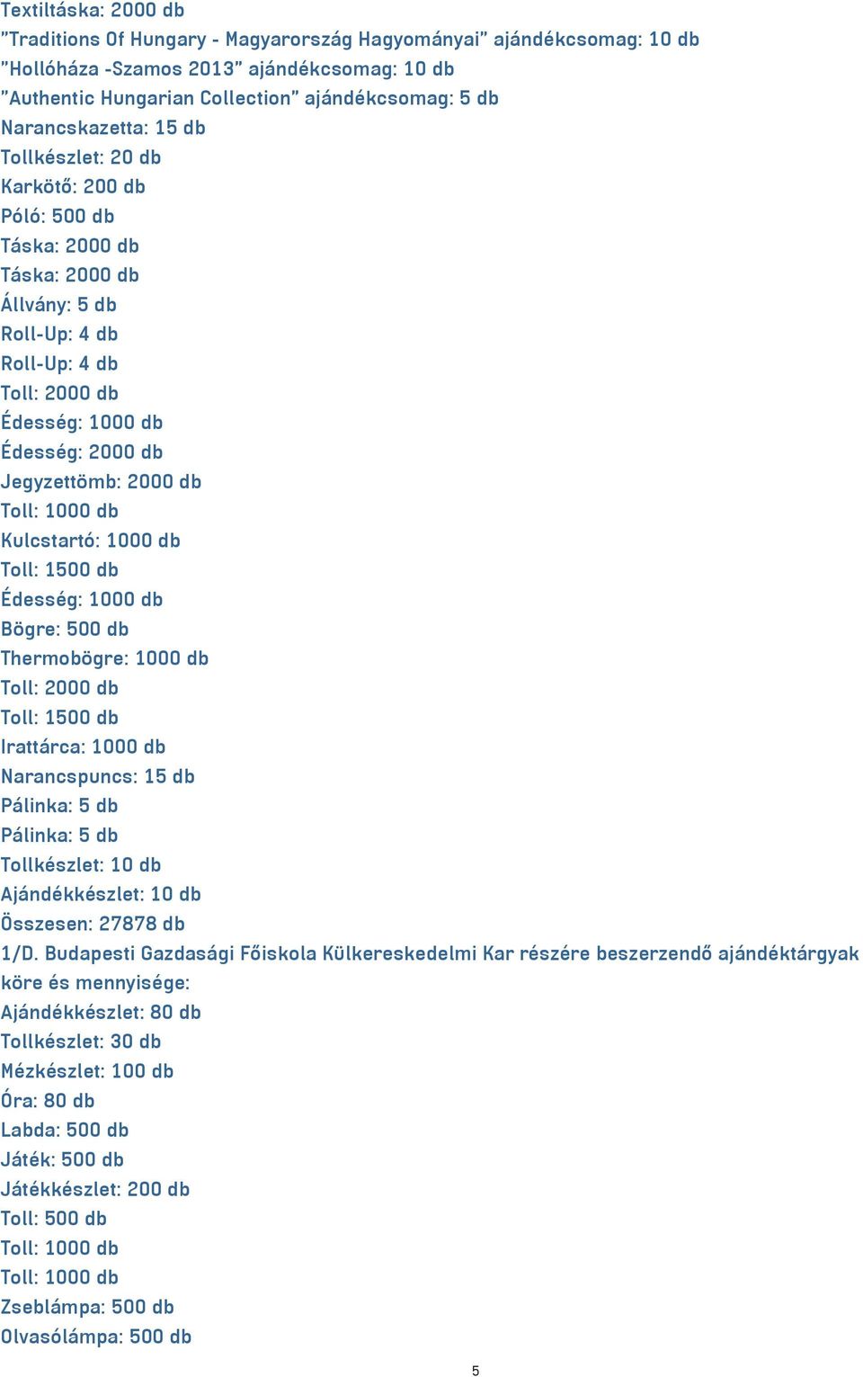 Jegyzettömb: 2000 db Toll: 1000 db Kulcstartó: 1000 db Toll: 1500 db Édesség: 1000 db Bögre: 500 db Thermobögre: 1000 db Toll: 2000 db Toll: 1500 db Irattárca: 1000 db Narancspuncs: 15 db Pálinka: 5