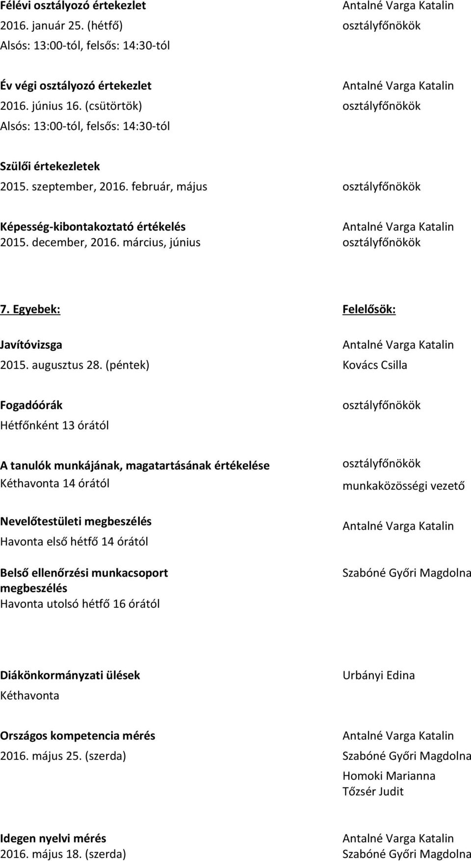 március, június osztályfőnökök 7. Egyebek: Felelősök: Javítóvizsga 2015. augusztus 28.