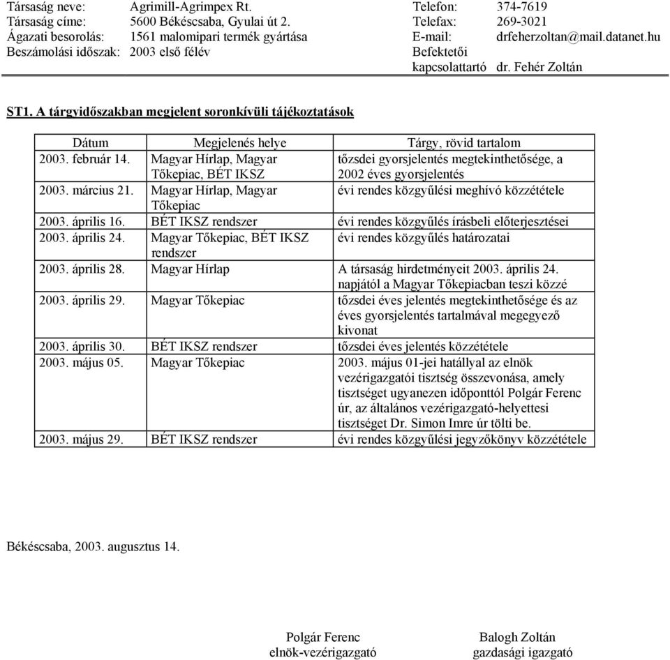 A tárgyidőszakban megjelent soronkívüli tájékoztatások Dátum Megjelenés helye Tárgy, rövid tartalom 2003. február 14.