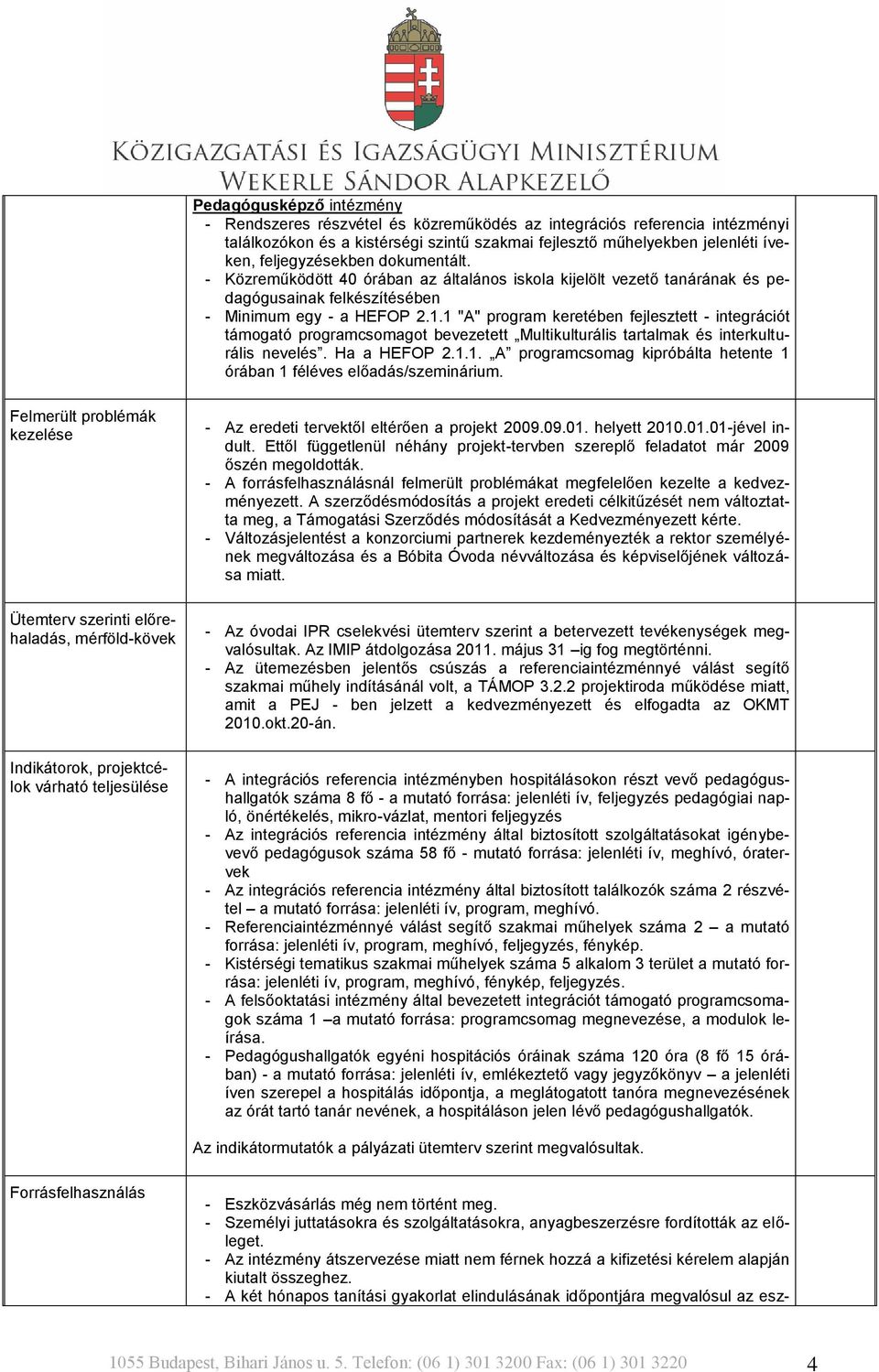 1 "A" program keretében fejlesztett - integrációt támogató programcsomagot bevezetett Multikulturális tartalmak és interkulturális nevelés. Ha a HEFOP 2.1.1. A programcsomag kipróbálta hetente 1 órában 1 féléves előadás/szeminárium.