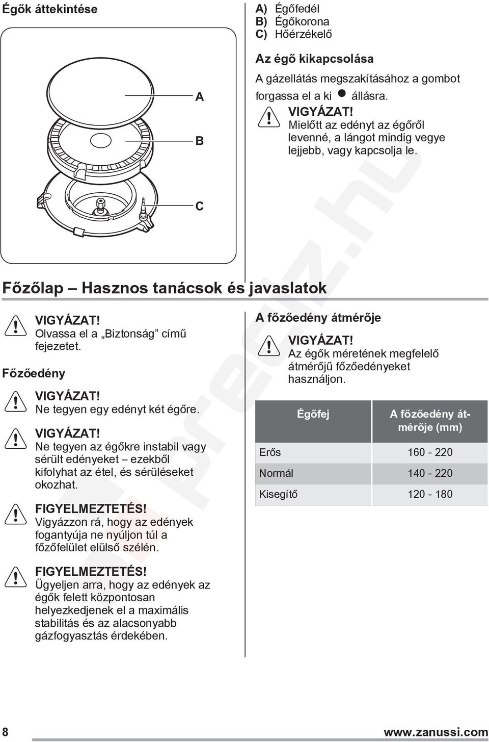 Vigyázzon rá, hogy az edények fogantyúja ne nyúljon túl a főzőfelület elülső szélén. FIGYELMEZTETÉS!