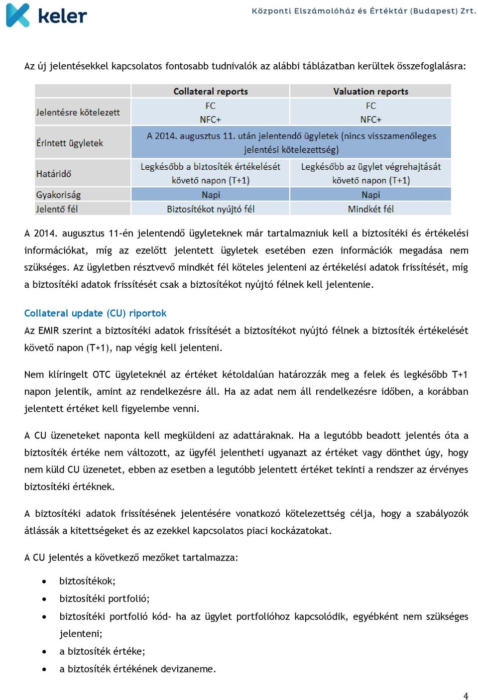 Az ügyletben résztvevő mindkét fél köteles jelenteni az értékelési adatok frissítését, míg a biztosítéki adatok frissítését csak a biztosítékot nyújtó félnek kell jelentenie.