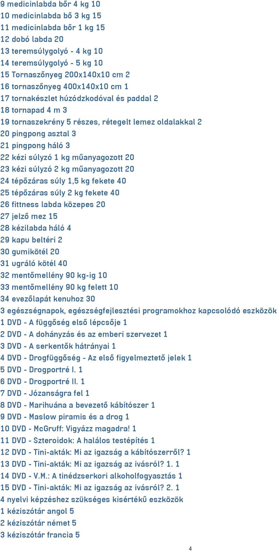 1 kg műanyagozott 20 23 kézi súlyzó 2 kg műanyagozott 20 24 tépőzáras súly 1,5 kg fekete 40 25 tépőzáras súly 2 kg fekete 40 26 fittness labda közepes 20 27 jelző mez 15 28 kézilabda háló 4 29 kapu