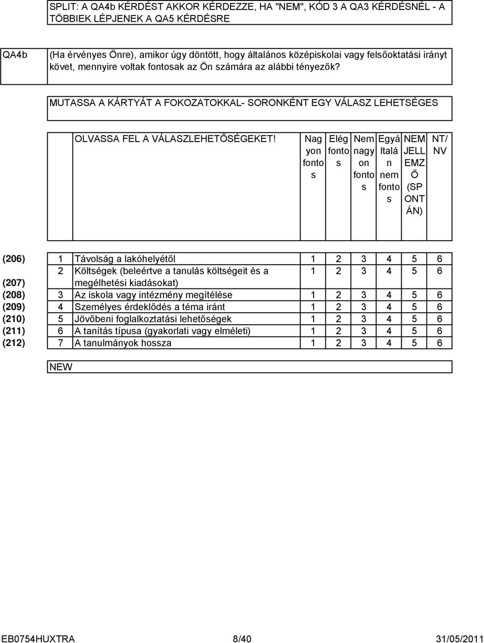 Nag yon fonto s Elég fonto s Nem nagy on fonto s Egyá ltalá n nem fonto s NEM JELL EMZ Ő (SP ONT ÁN) NT/ NV (06) Távolság a lakóhelyétől 6 Költségek (beleértve a tanulás költségeit és a 6 (07)