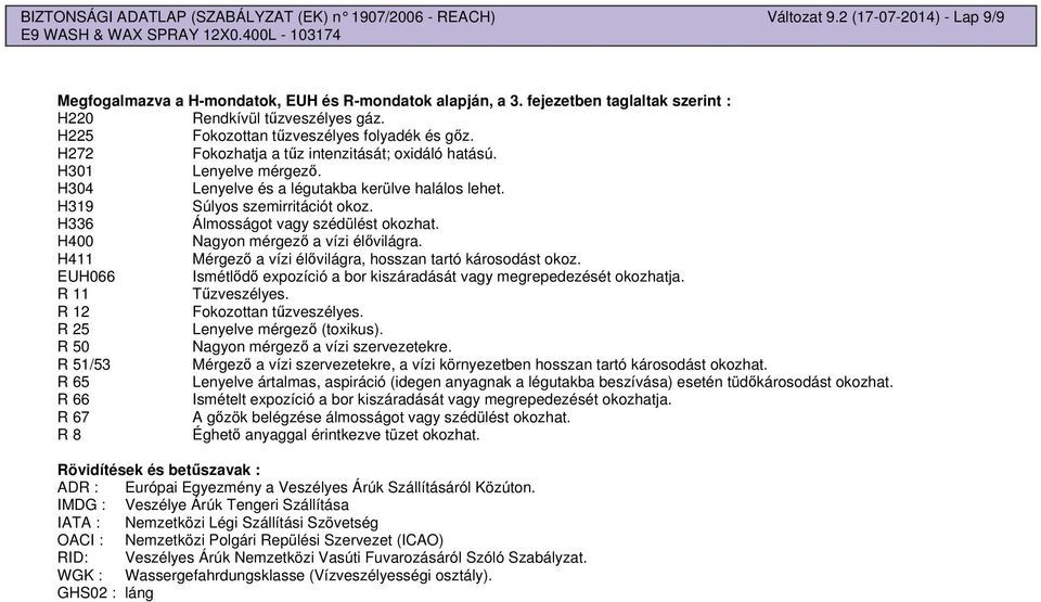 H304 Lenyelve és a légutakba kerülve halálos lehet. H319 Súlyos szemirritációt okoz. H336 Álmosságot vagy szédülést okozhat. H400 Nagyon mérgez a vízi élvilágra.