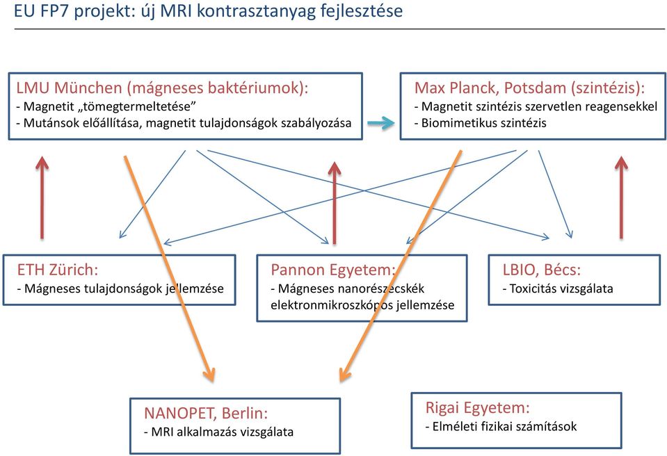 Biomimetikus szintézis ETH Zürich: - Mágneses tulajdonságok jellemzése Pannon Egyetem: - Mágneses nanorészecskék