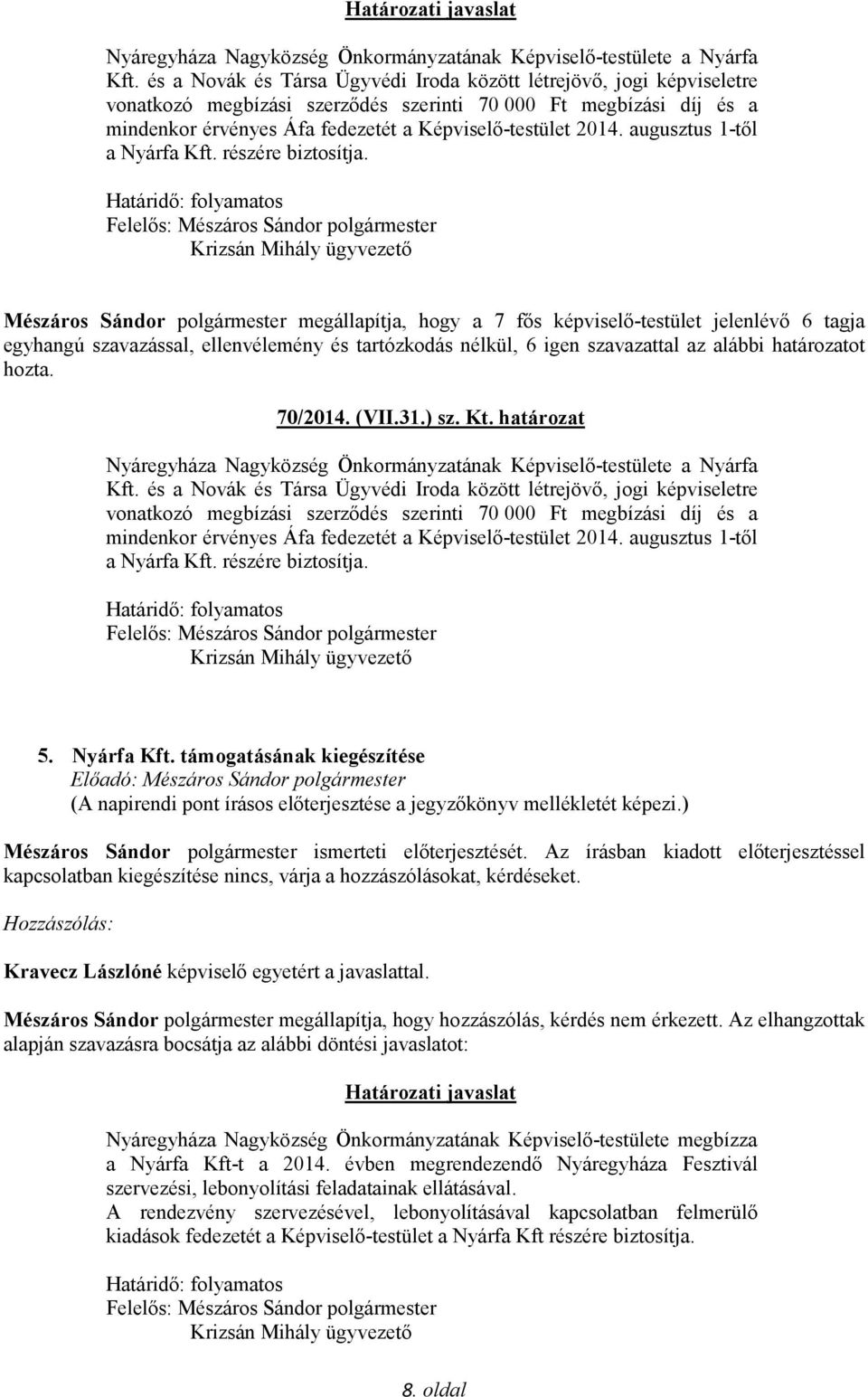 augusztus 1-től a Nyárfa Kft. részére biztosítja. Határidő: folyamatos Krizsán Mihály ügyvezető 70/2014. (VII.31.) sz. Kt.