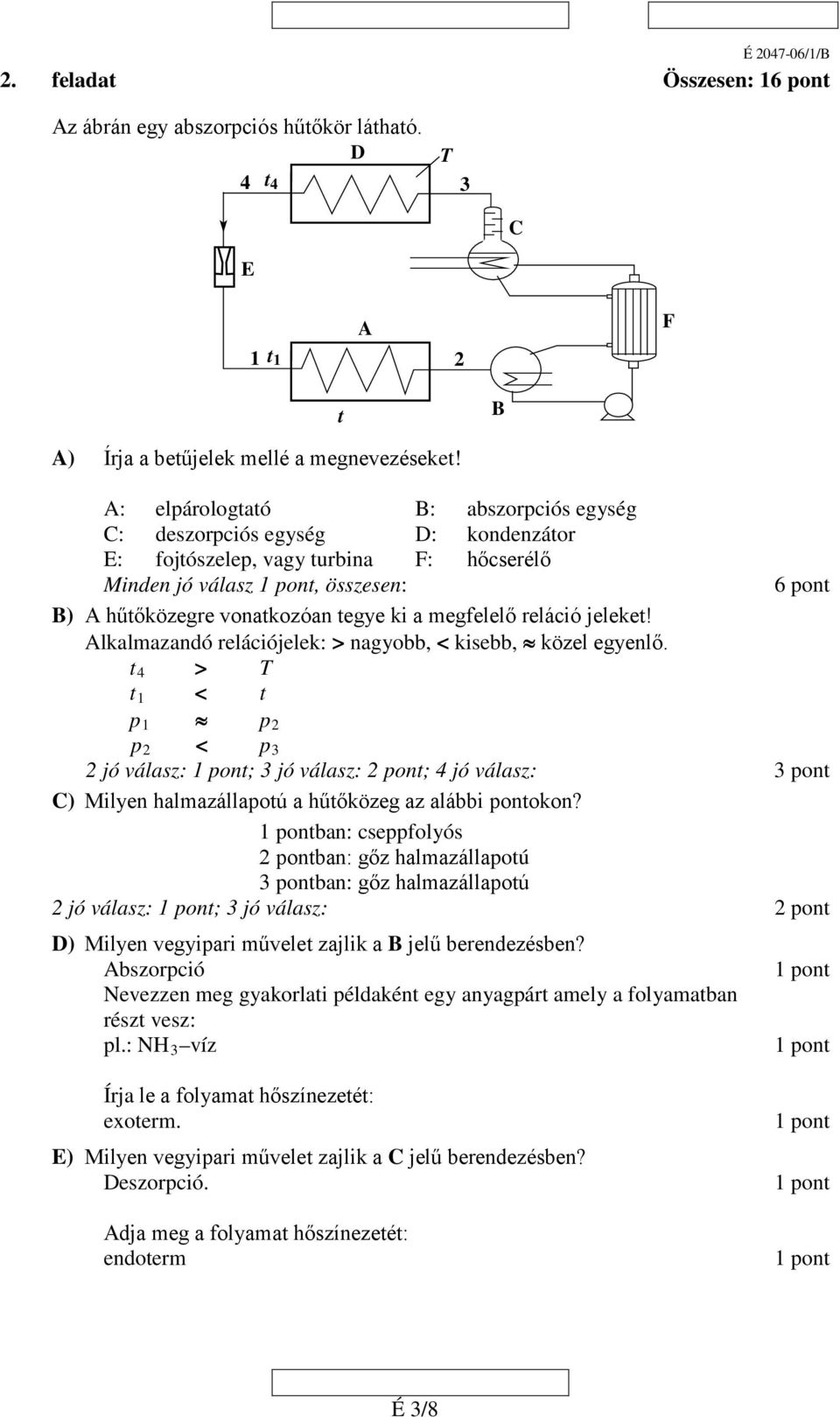 reláció jeleke! Alkalmazandó relációjelek: > nagyobb, < kisebb, közel egyenlő. > T 1 < p 1 p p < p 3 jó válasz: ; 3 jó válasz: ; jó válasz: 3 pon C) Milyen halmazállapoú a hűőközeg az alábbi ponokon?