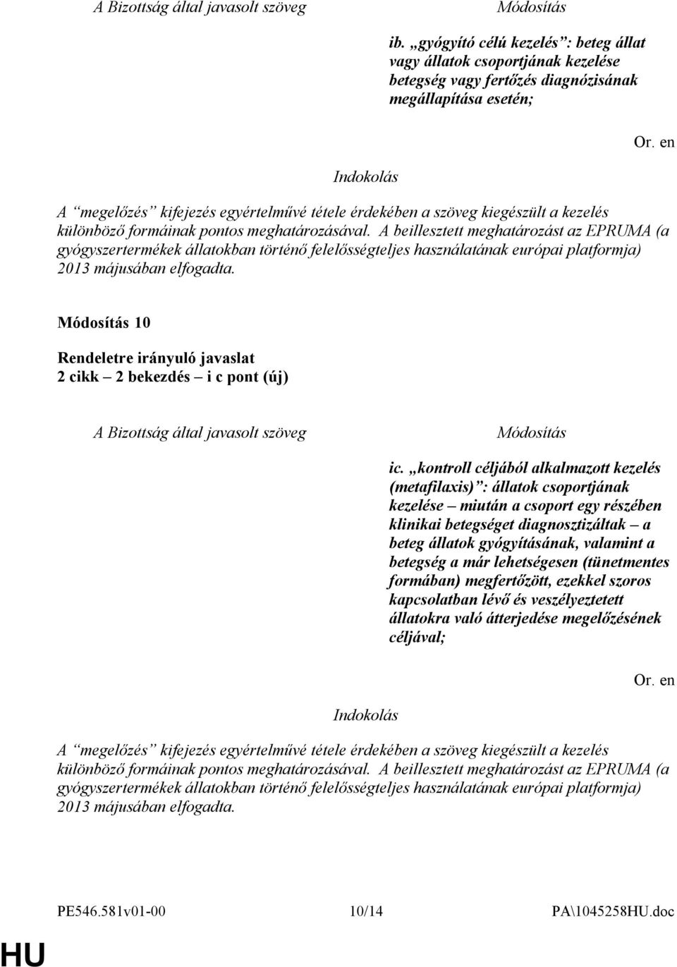 A beillesztett meghatározást az EPRUMA (a gyógyszertermékek állatokban történő felelősségteljes használatának európai platformja) 2013 májusában elfogadta. 10 2 cikk 2 bekezdés i c pont (új) ic.