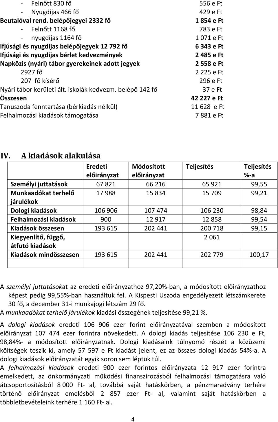 Napközis (nyári) tábor gyerekeinek adott jegyek 2 558 e Ft 2927 fő 2 225 e Ft 207 fő kísérő 296 e Ft Nyári tábor kerületi ált. iskolák kedvezm.