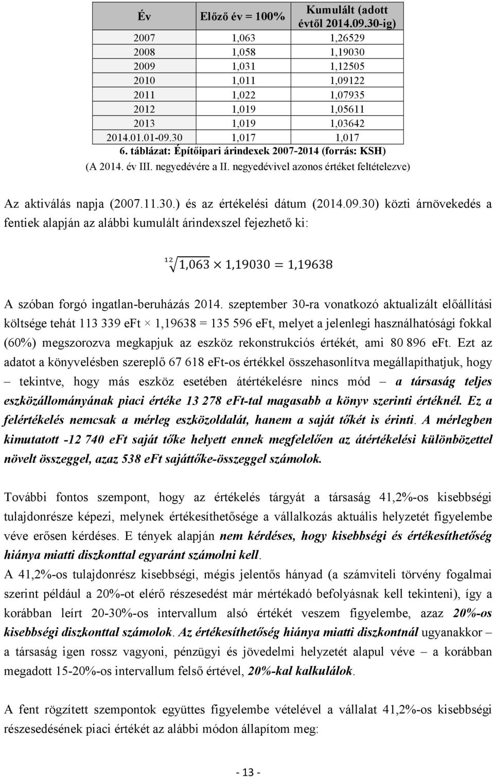 09.30) közti árnövekedés a fentiek alapján az alábbi kumulált árindexszel fejezhető ki: 1,063 1,19030=1,19638 A szóban forgó ingatlan-beruházás 2014.