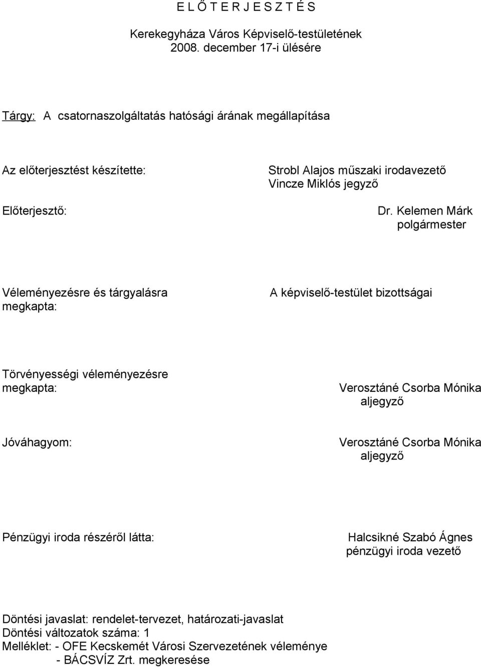 Dr. Kelemen Márk polgármester Véleményezésre és tárgyalásra A képviselő-testület bizottságai megkapta: Törvényességi véleményezésre megkapta: Verosztáné Csorba Mónika aljegyző