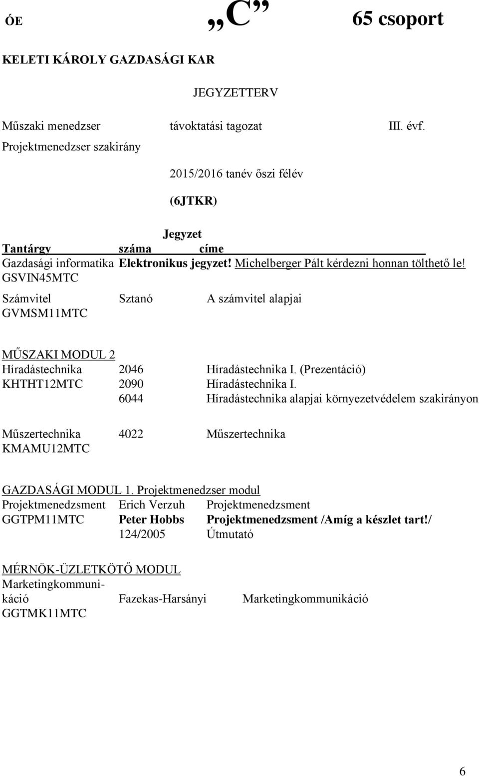 (Prezentáció) KHTHT12MTC 2090 Híradástechnika I. 6044 Híradástechnika alapjai környezetvédelem szakirányon Műszertechnika 4022 Műszertechnika KMAMU12MTC GAZDASÁGI MODUL 1.