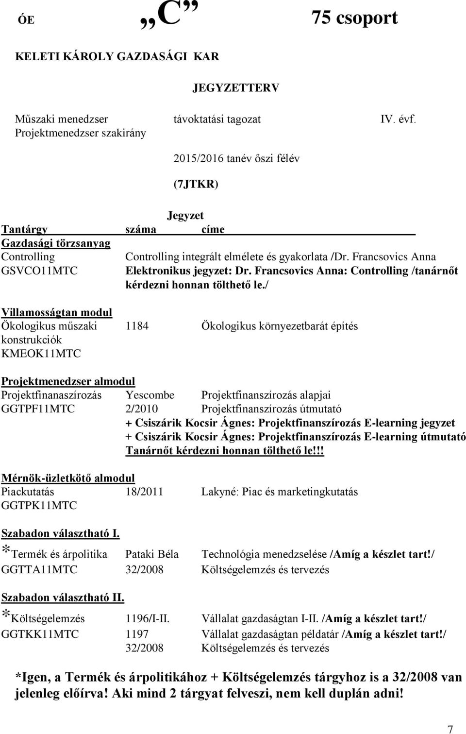 / Villamosságtan modul Ökologikus műszaki 1184 Ökologikus környezetbarát építés konstrukciók KMEOK11MTC Projektmenedzser almodul Projektfinanaszírozás Yescombe Projektfinanszírozás alapjai GGTPF11MTC