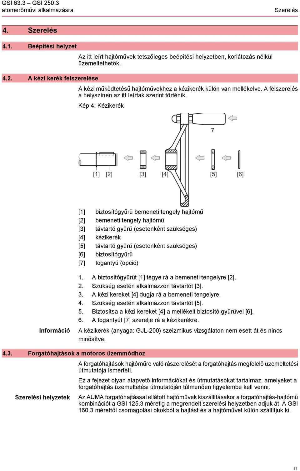 Kép 4: Kézikerék [1] biztosítógyűrű bemeneti tengely hajtómű [2] bemeneti tengely hajtómű [3] távtartó gyűrű (esetenként szükséges) [4] kézikerék [5] távtartó gyűrű (esetenként szükséges) [6]