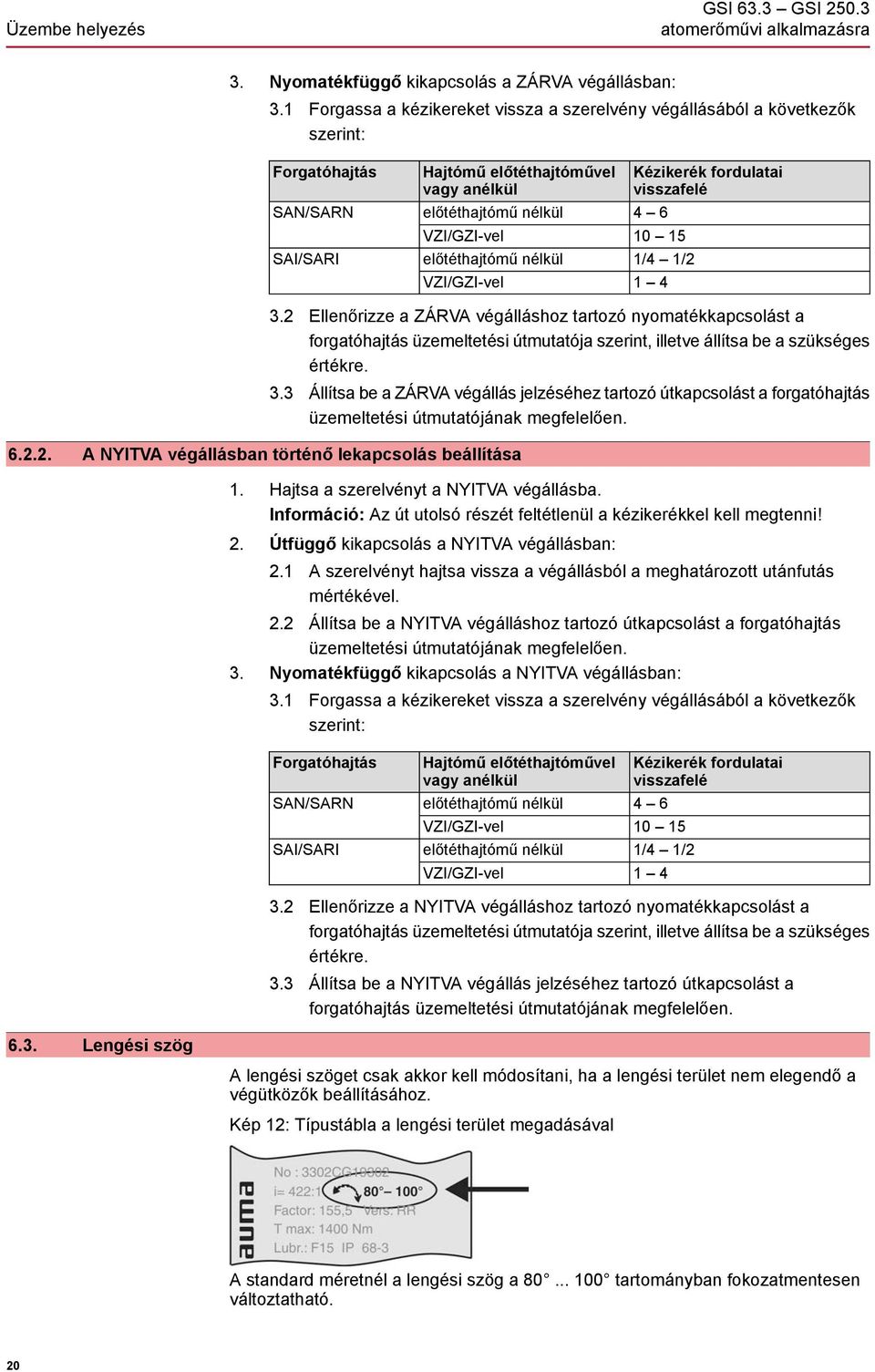 nélkül VZI/GZI-vel Kézikerék fordulatai visszafelé 4 6 10 15 1/4 1/2 1 4 6.2.2. A NYITVA végállásban történő lekapcsolás beállítása 3.