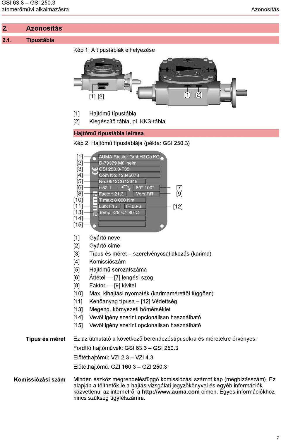 3) [1] Gyártó neve [2] Gyártó címe [3] Típus és méret szerelvénycsatlakozás (karima) [4] Komissiószám [5] Hajtómű sorozatszáma [6] Áttétel [7] lengési szög [8] Faktor [9] kivitel [10] Max.