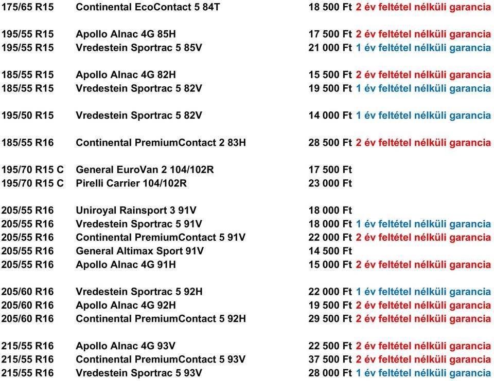 Vredestein Sportrac 5 82V 14 000 Ft 1 év feltétel nélküli garancia 185/55 R16 Continental PremiumContact 2 83H 28 500 Ft 2 év feltétel nélküli garancia 195/70 R15 C General EuroVan 2 104/102R 17 500