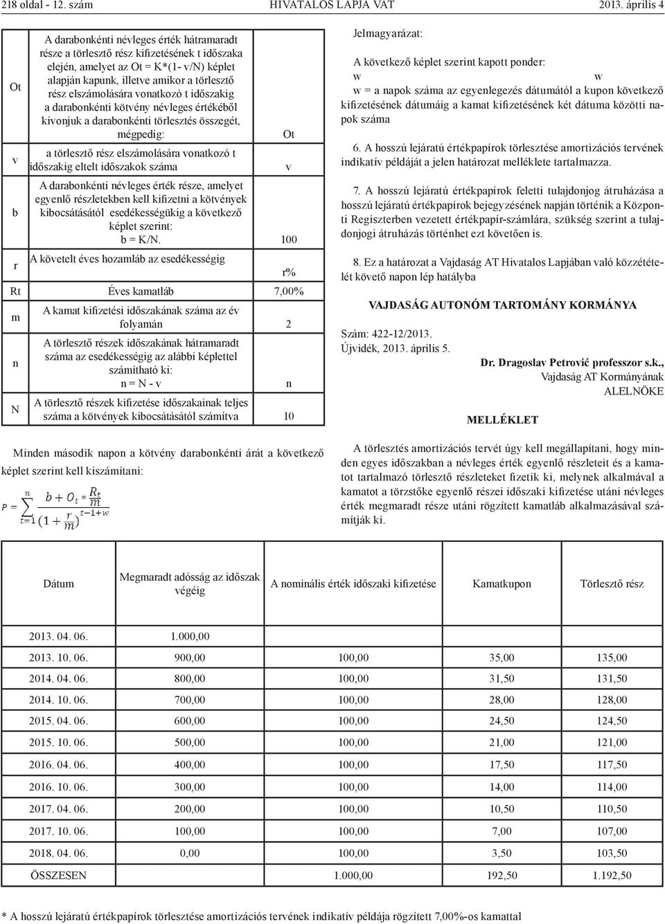 elszámolására vonatkozó t időszakig a darabonkénti kötvény névleges értékéből kivonjuk a darabonkénti törlesztés összegét, mégpedig: a törlesztő rész elszámolására vonatkozó t időszakig eltelt