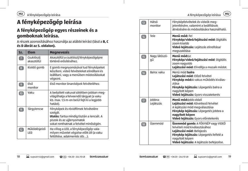 8 Kioldó gomb E gomb megnyomásával tud fényképeket készíteni, videó felvételeket elindítani és leállítani, vagy a menüben módosításokat végezni. 9 Első Első monitor önarcképek felvételéhez.