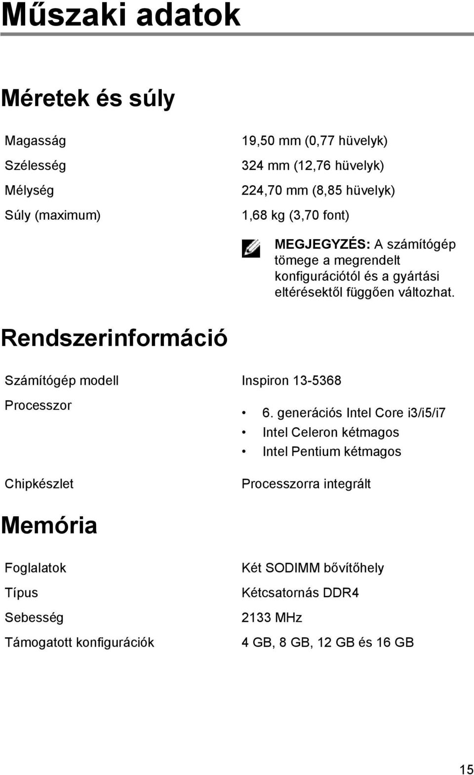 Rendszerinformáció Számítógép modell Inspiron 13-5368 Processzor Chipkészlet 6.