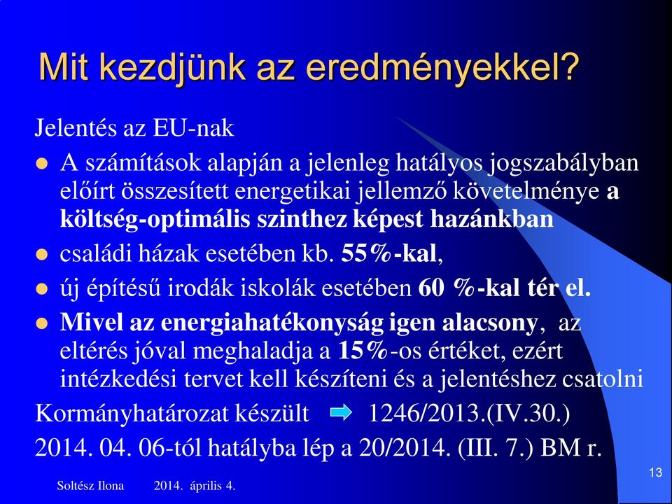 költség-optimális szinthez képest hazánkban családi házak esetében kb. 55%-kal, új építésű irodák iskolák esetében 60 %-kal tér el.