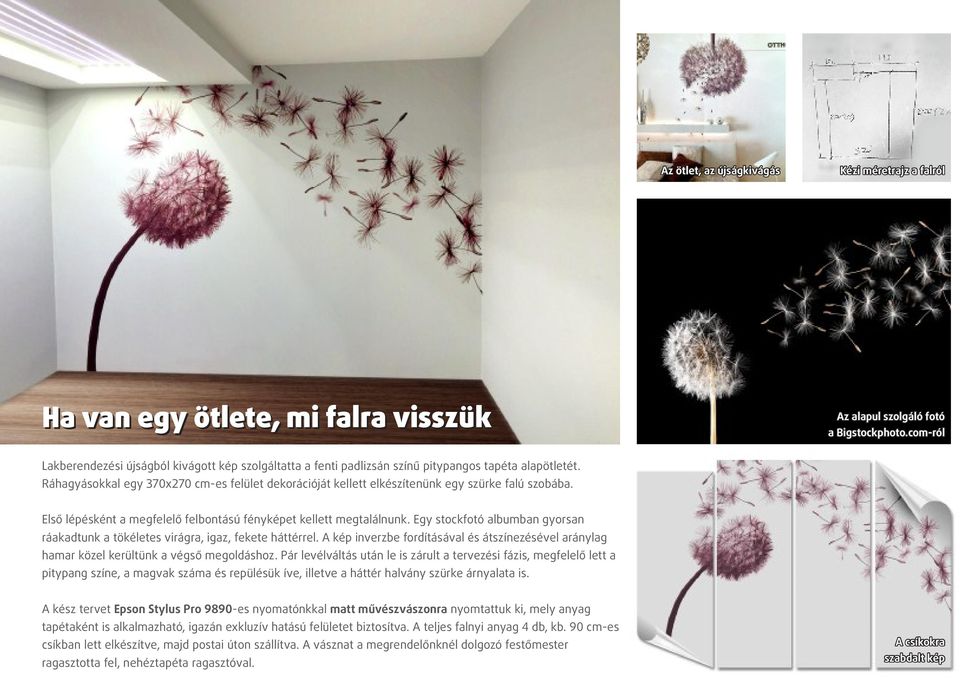 Ráhagyásokkal egy 370x270 cm-es felület dekorációját kellett elkészítenünk egy szürke falú szobába. Első lépésként a megfelelő felbontású fényképet kellett megtalálnunk.