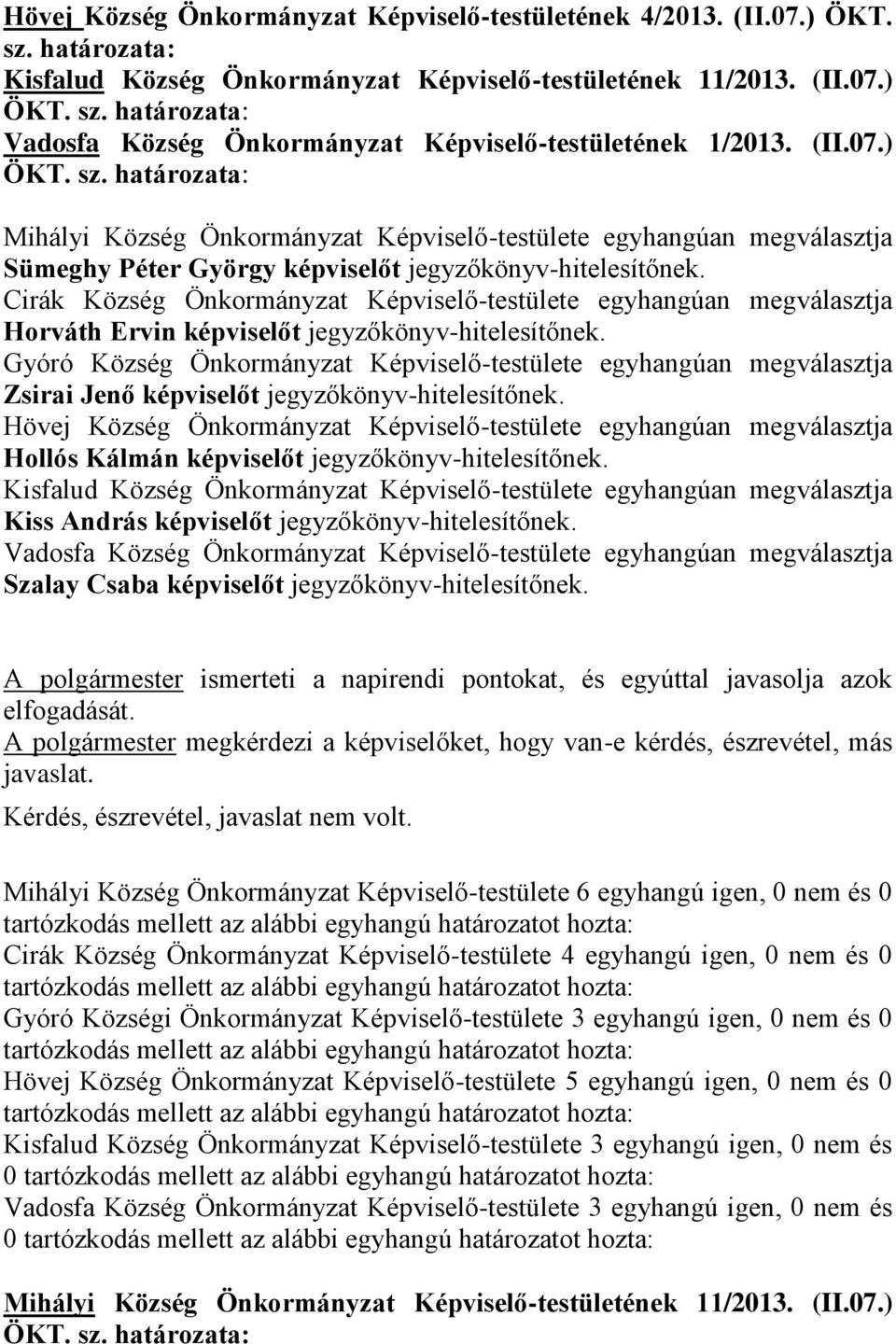 Cirák Község Önkormányzat Képviselő-testülete egyhangúan megválasztja Horváth Ervin t jegyzőkönyv-hitelesítőnek.