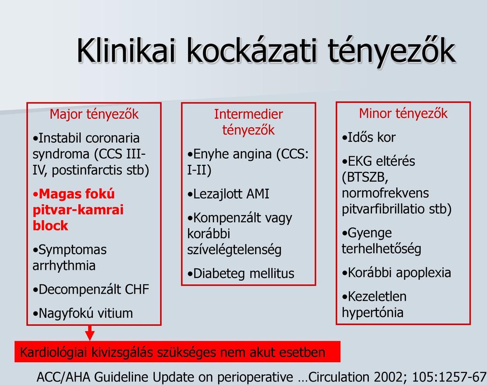 szívelégtelenség Diabeteg mellitus Minor tényezők Idős kor EKG eltérés (BTSZB, normofrekvens pitvarfibrillatio stb) Gyenge terhelhetőség