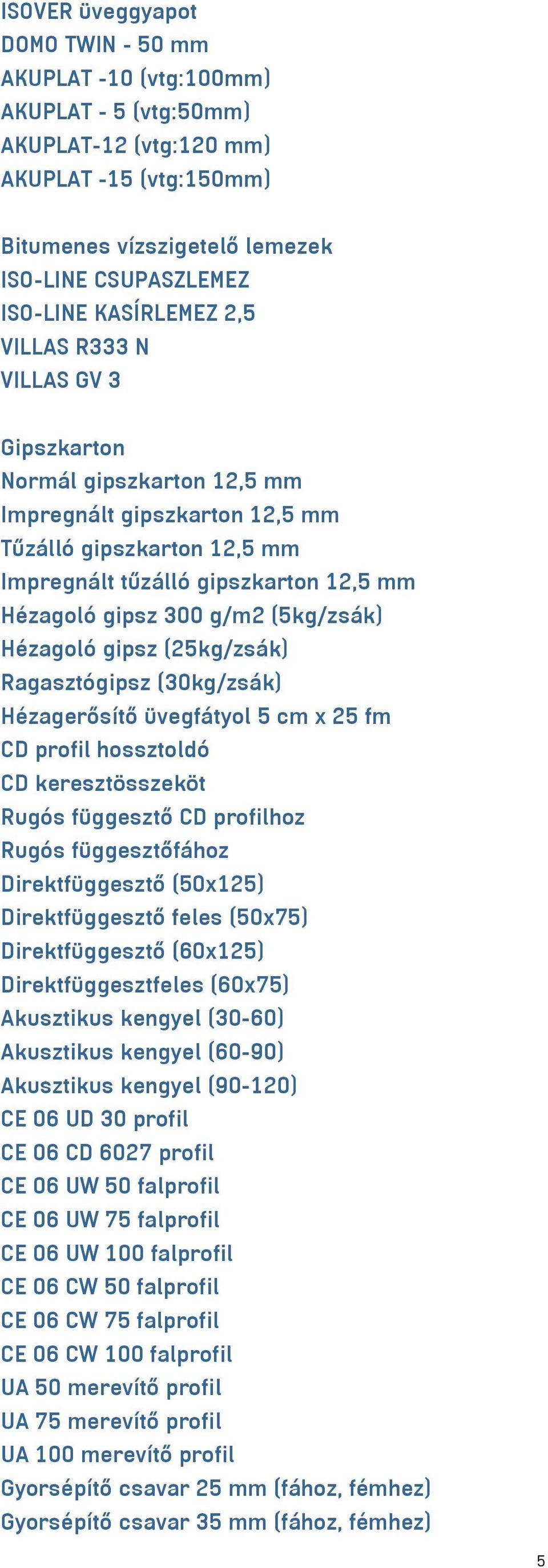 g/m2 (5kg/zsák) Hézagoló gipsz (25kg/zsák) Ragasztógipsz (30kg/zsák) Hézagerősítő üvegfátyol 5 cm x 25 fm CD profil hossztoldó CD keresztösszeköt Rugós függesztő CD profilhoz Rugós függesztőfához